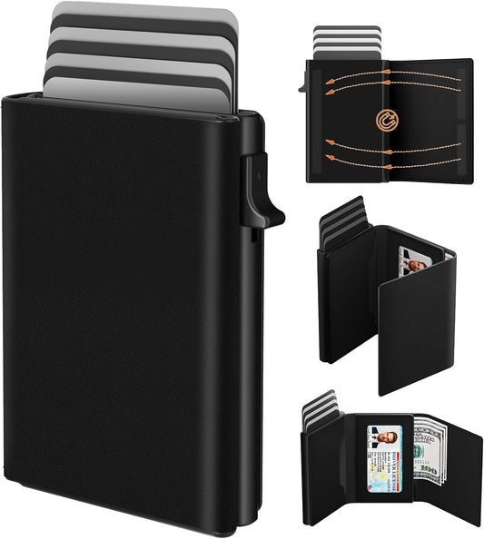 Mens Wallet Card Holder - Pop Up Aluminum Case, Premium Flexible Microfiber Leather, Smart Wallet for Men, RFID Blocking, Slim, Minimalist, Front Pocket - 9-14 Card Capacity | ID Window | Cash Slot