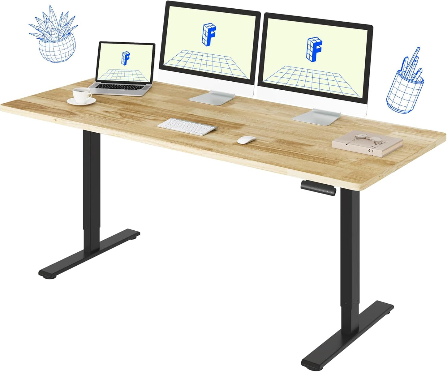 FLEXISPOT E3 Solid Wood Dual Motor Standing Desk 71x30 Inch Whole-Piece Board Electric Height Adjustable Stand Up Desk (Black Frame + Rubber Wood Desktop)