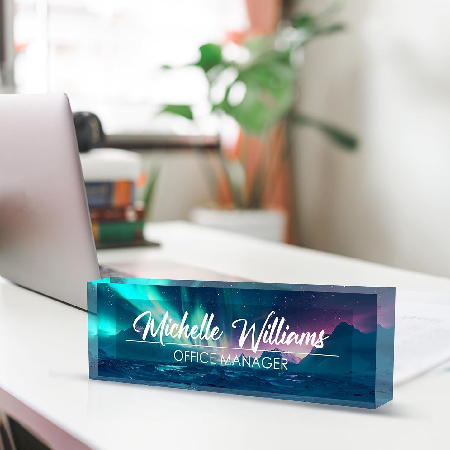 Personalized Name Plate for Desk, Custom Desk Name Plate, Acrylic Name Plate Office Desk Accessories, Personalized Office Gifts for Coworkers Teachers, Employee Appreciation Gifts (Blue Aurora)