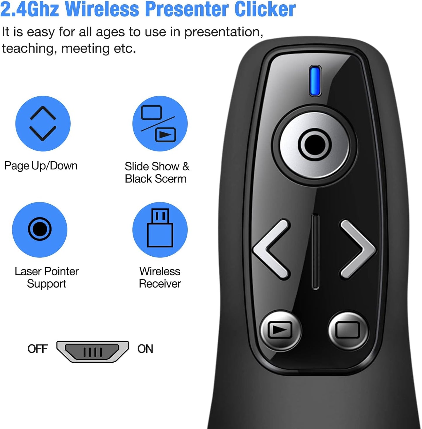 Presentation Clicker Wireless Presenter Remote for PowerPoint, RF 2.4GHz USB Powerpoint Clicker with Hyperlink & Volume Control PowerPoint Slide Advancer for Mac, Computer, Laptop