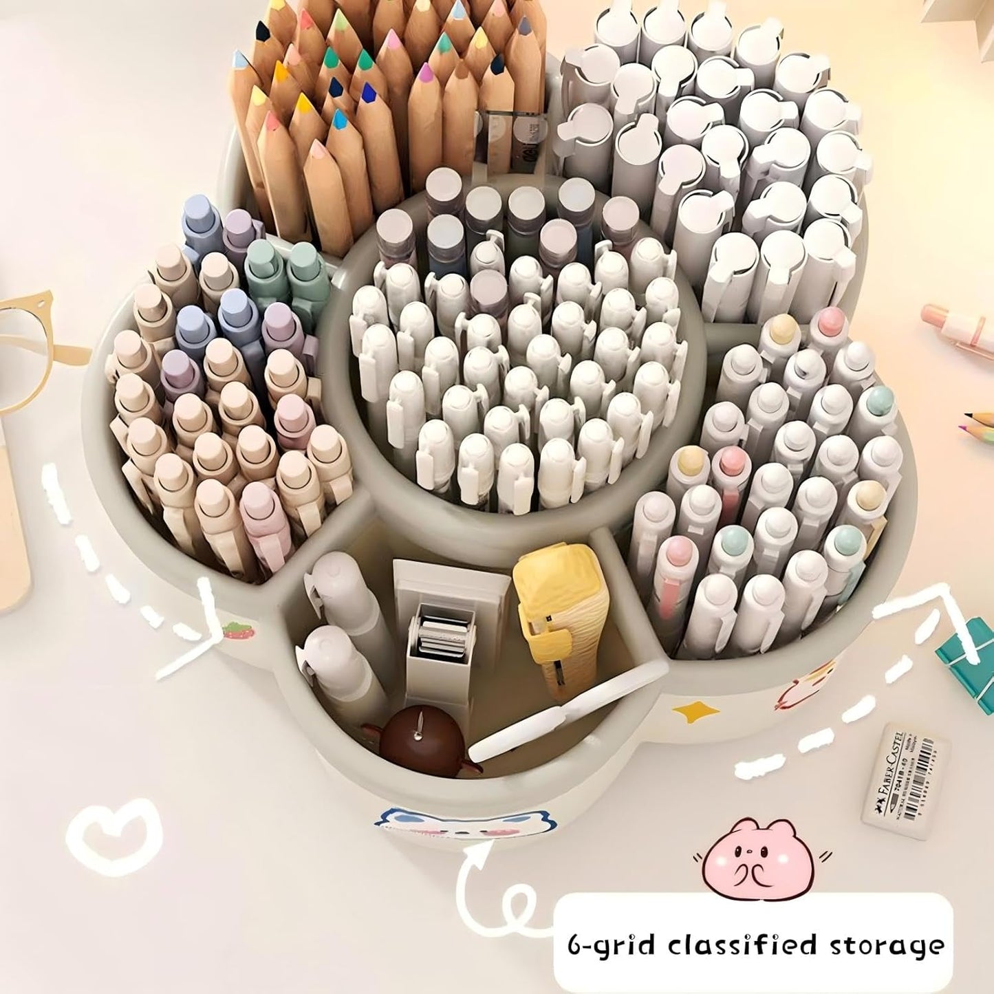 Pen Holder for Desk, 360°Rotating Pencil Pen Holder,Pen Organizer with 6 Slots, Large-capacity Desk Organizer,Office, School, Home Use (Beige)