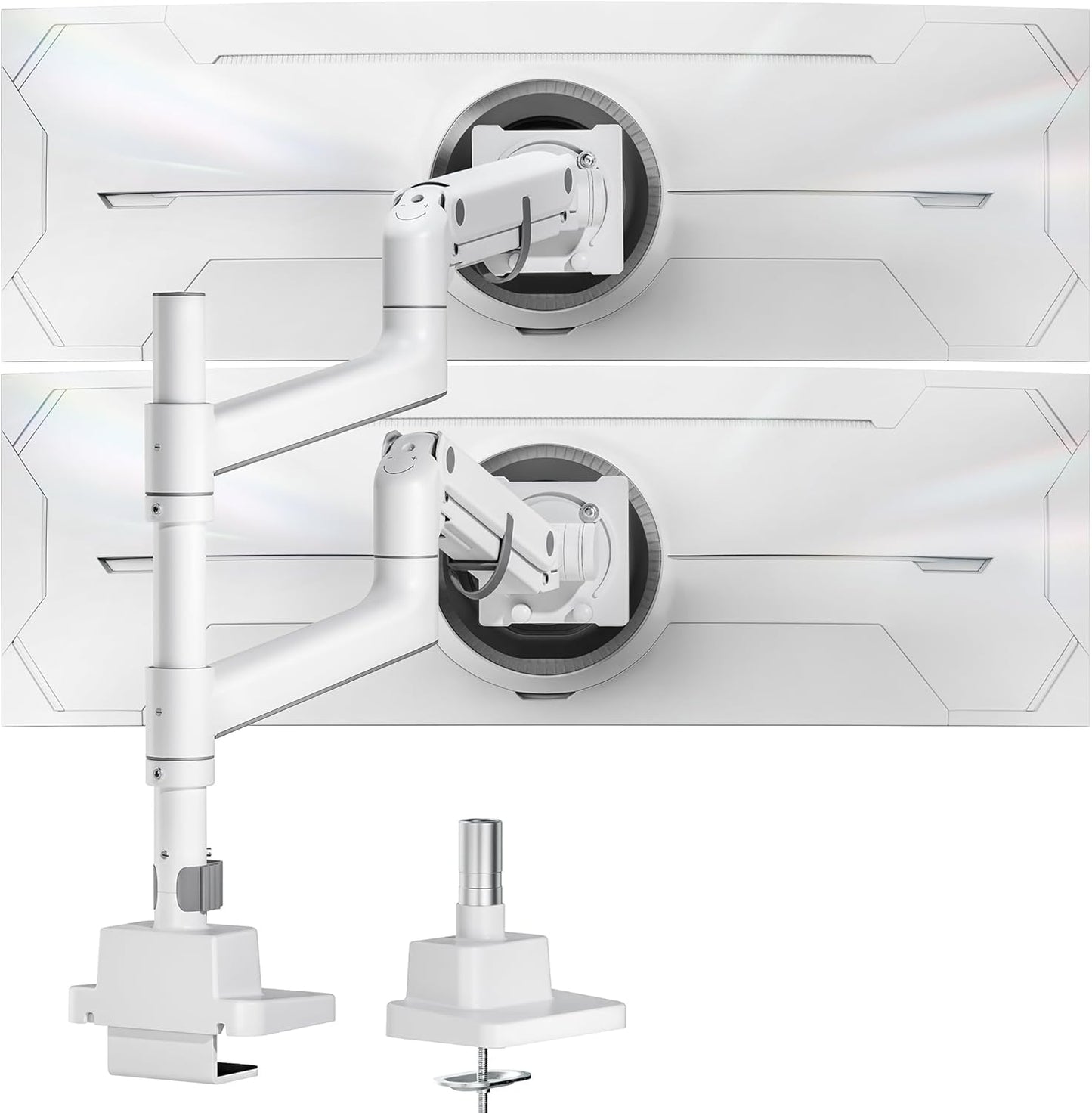 monTEK Dual Monitor Arm for up to 57" and 59.4 lbs Ultrawide Screen, Aluminum Heavy-Duty Gas Spring Vertical Stackable Curved Screen Adjustable Monitor Stand, 75/100mm Vesa Mount, White