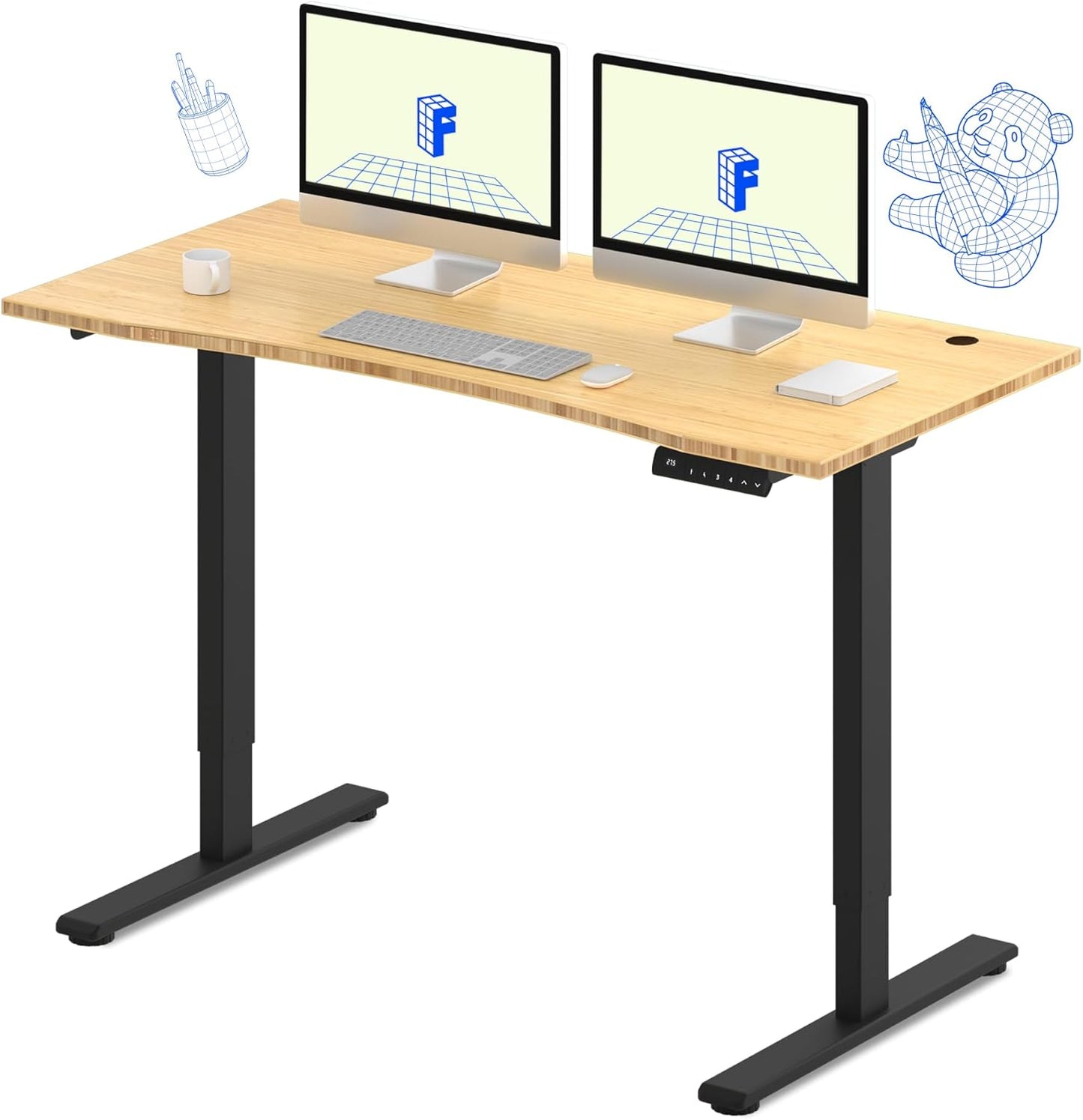 FLEXISPOT E3 Bamboo Dual Motor 55x28 Inch Electric Height Adjustable Standing Desk Whole-Piece Board Desk Sit Stand Up Desk (Black Frame + Bamboo Curved Desktop)