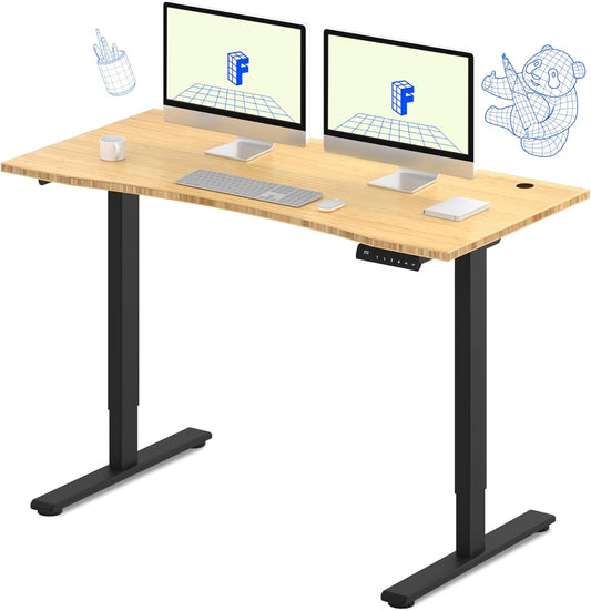 FLEXISPOT E3 Bamboo Dual Motor 55x28 Inch Electric Height Adjustable Standing Desk Whole-Piece Board Desk Sit Stand Up Desk (Black Frame + Bamboo Curved Desktop)