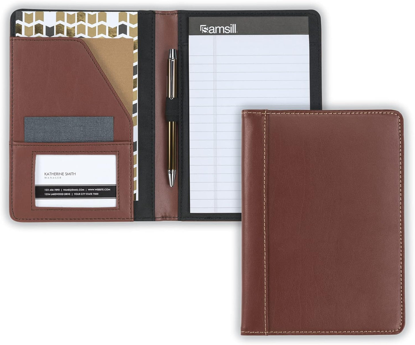 Samsill Contrast Stitch Faux-Leather Portfolio, Mini Size Business Interview Professional Padfolio, Includes 5 x 8 Inch Writing Pad, Brown