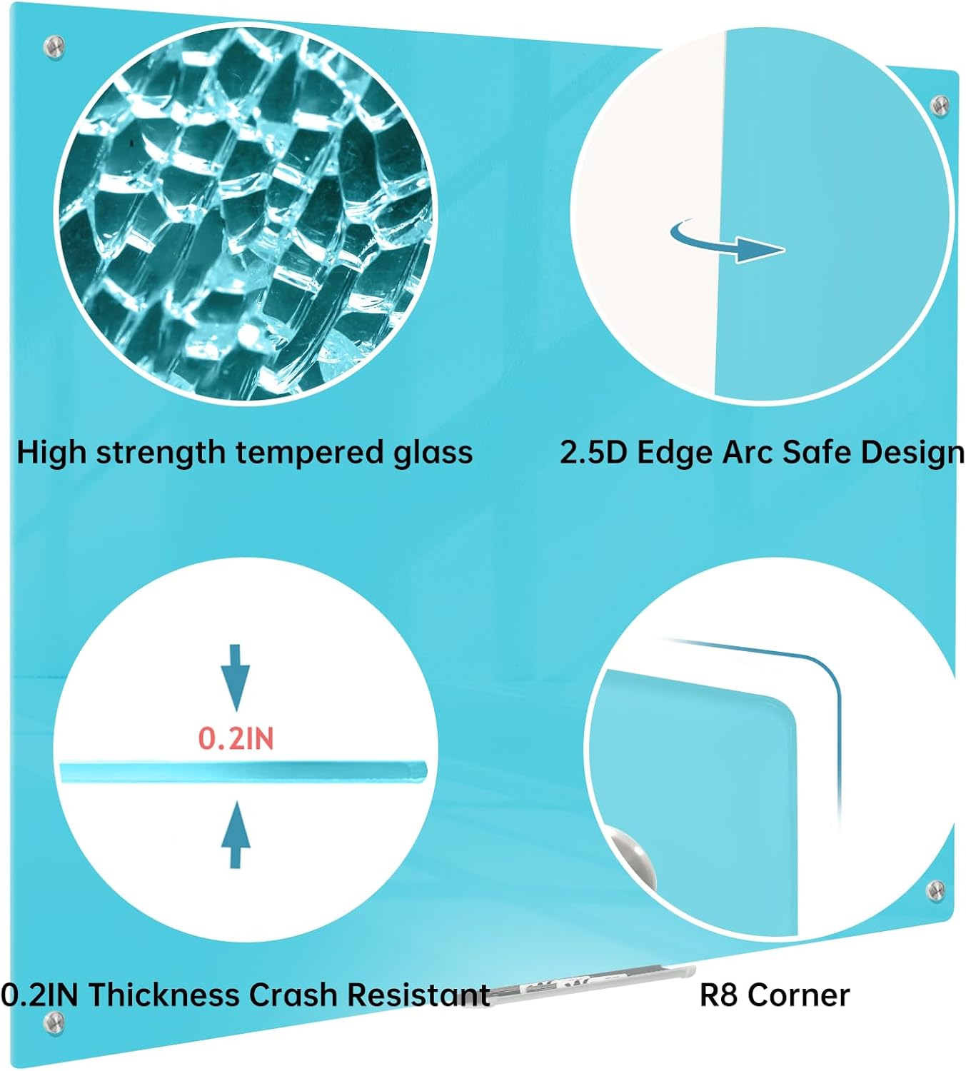 Magnetic Glass Dry Erase Board - White Board 48 x 36 Inch Wall Mounted Glass Whiteboard, Large Frameless Glass White Board for Wall Office, Home & School, Blue