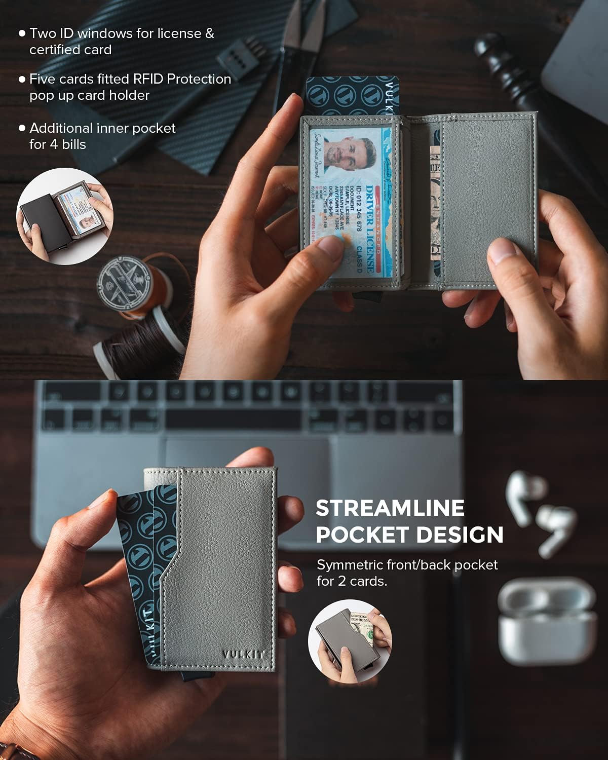 VULKIT Card Holder Wallet with Double ID Windows RFID Blocking Pop Up Wallet Minimalist Design for 12 Cards