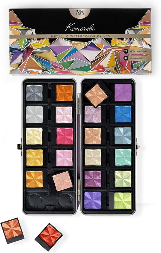 MozArt Supplies Komorebi Professional Metallic Watercolor Set - Portable Metal Box with Safety Lock and Fully Detachable Pans for Easy Customization - 24 Shimmering Colors for Arts and Crafts