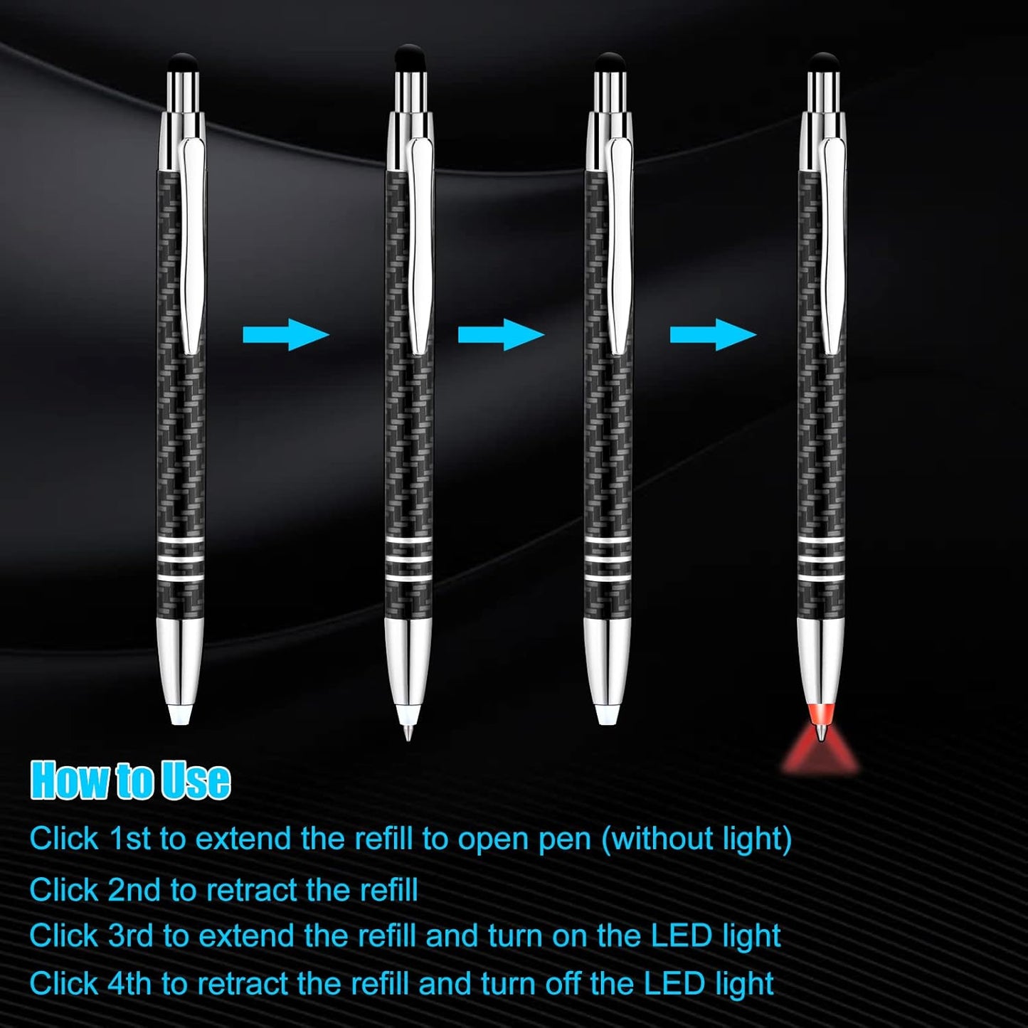 Lighted Tip Pen with Stylus 3-in-1 - LED Penlight Light Up Pen Light Ballpoint Pen with Light for Writing in the Dark - Pack of 3 - Red Light - GL006