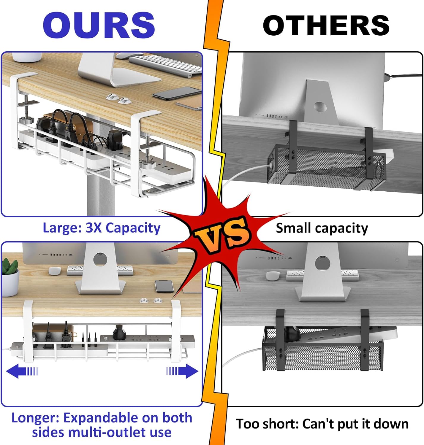 Under Desk Cable Management Tray, 15.7'' White No Drill Steel Desk Cable Organizers, Wire Management Tray Cable Management Rack, Desk Cable Tray with Wire Organizer White(2 pack)