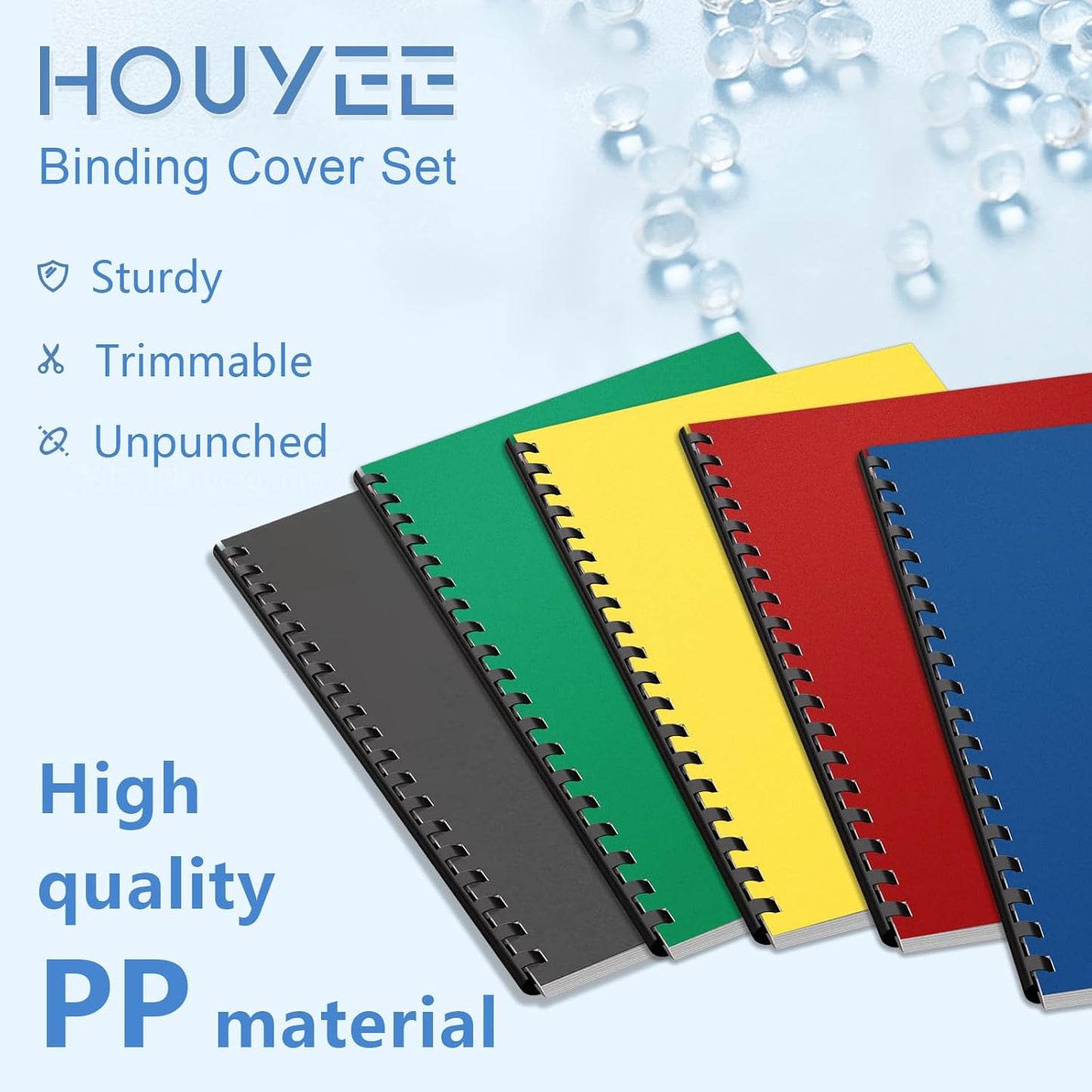 HOUYEE 50 Pack 16 Mil Binding Presentation Covers,Sand-Textured Polycovers,8-1/2" x 11" Letter Size Un-Punched Binding Covers 5 Multi Colors (Black, Yellow, Red, Green, Blue)