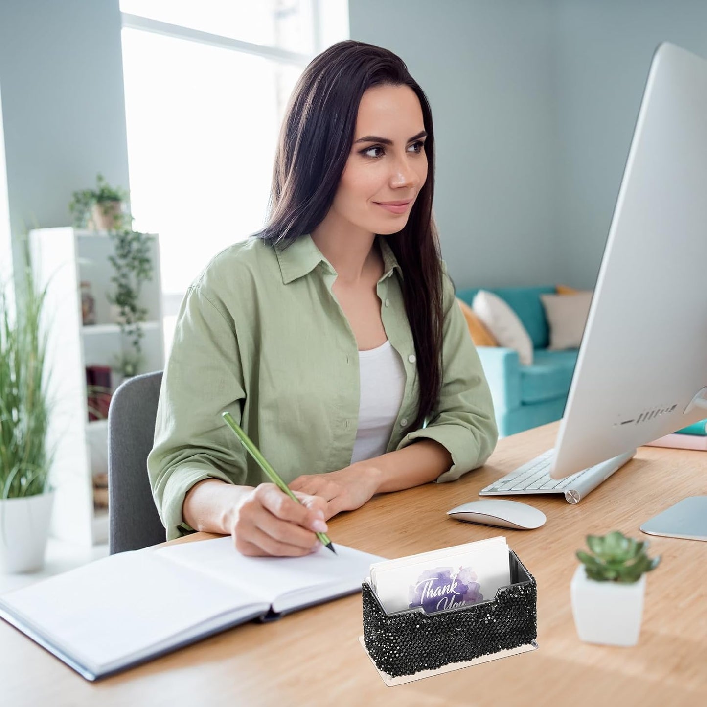 PATIKIL Rhinestone Business Card Holder, Crystal Business Card Holders Bling Business Card Organizer Display Stand for Desktop Desk Office Exhibition, Black