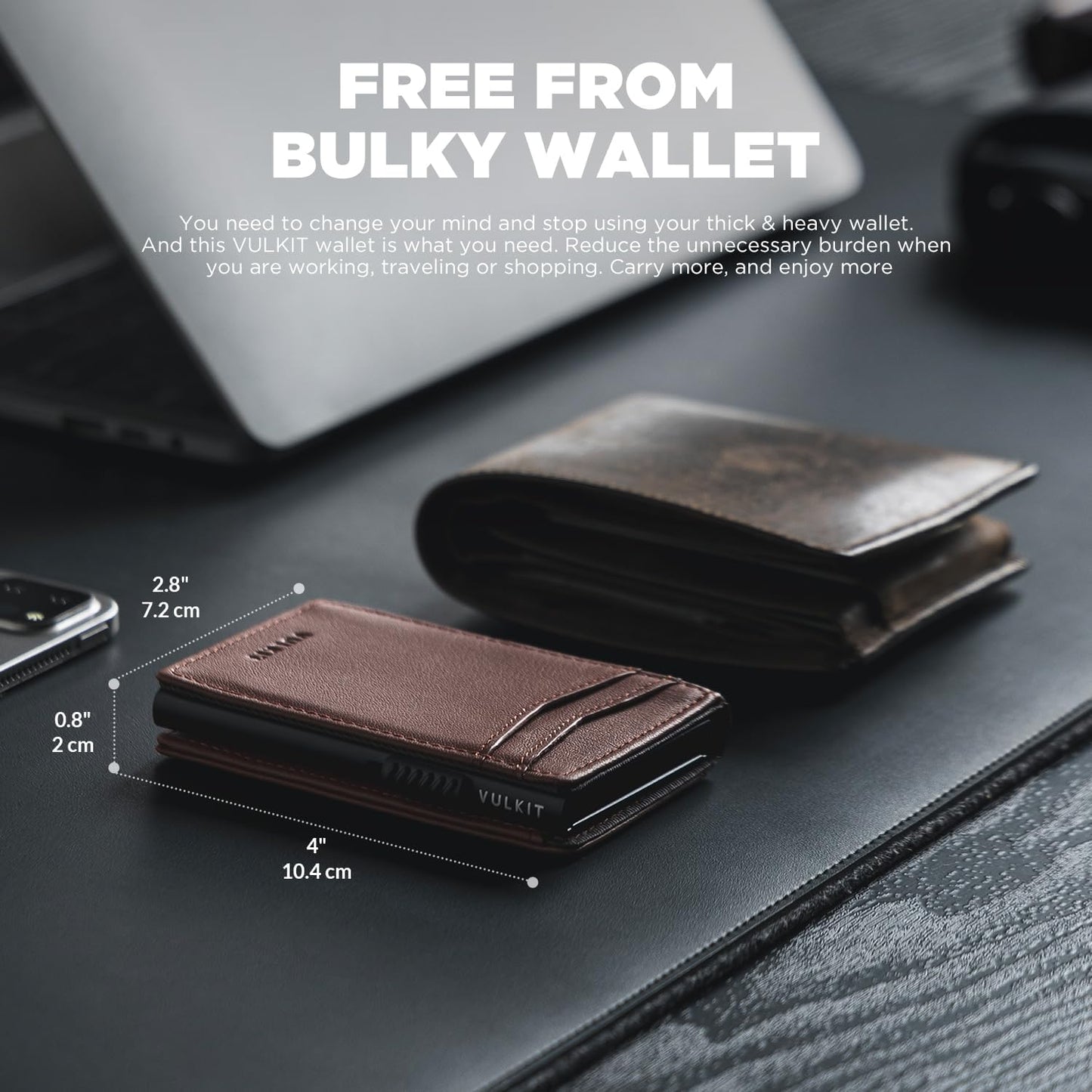 VULKIT Men's Wallet with ID Window Top Grain Leather RFID Blocking Minimalist Wallet Pop Up Card Holder Magnetic Closure