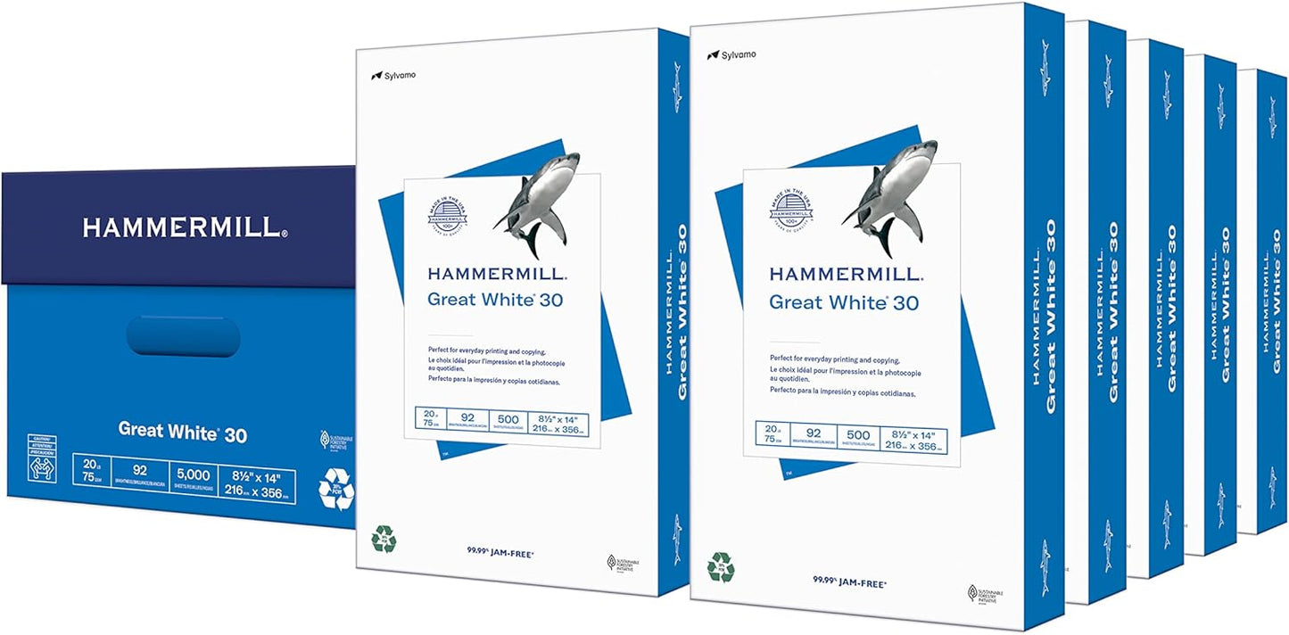 Hammermill Printer Paper, Great White 30% Recycled Paper, 8.5 x 14 - 10 Ream (5,000 Sheets) - 92 Bright, Made in the USA, 086704C