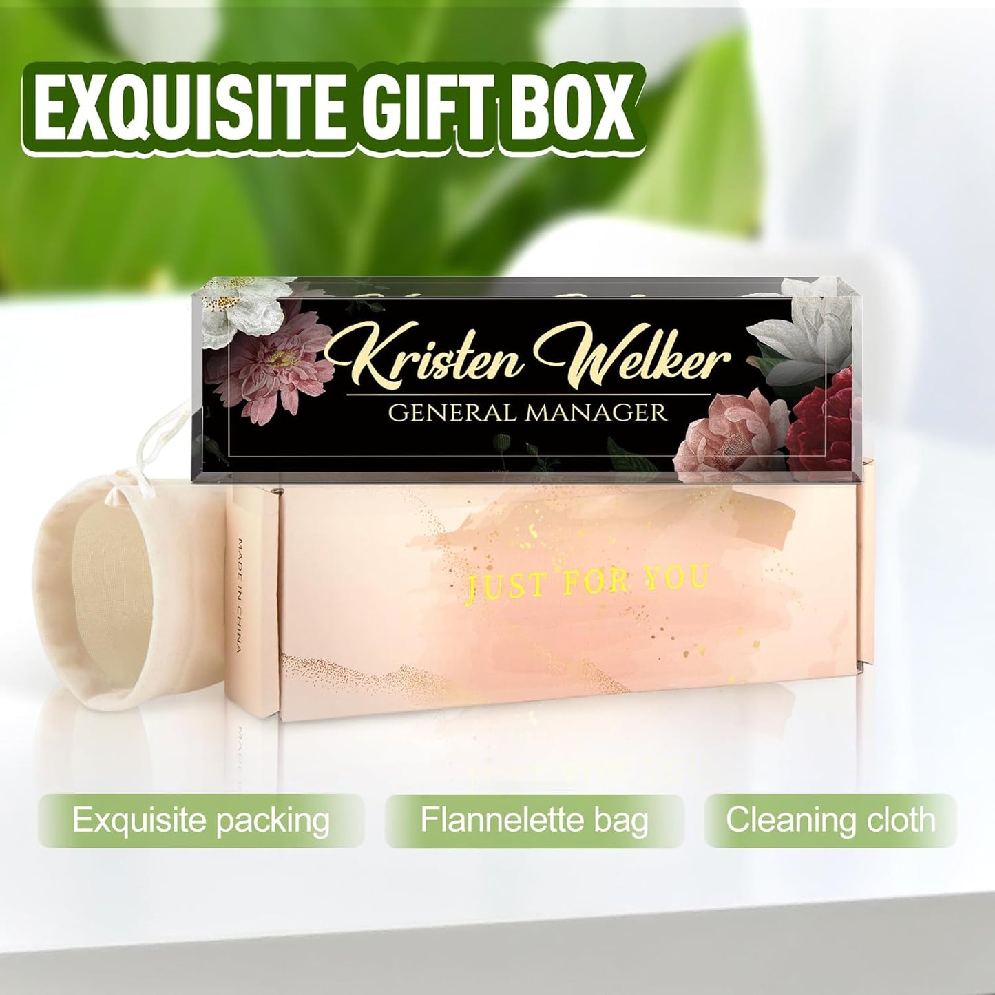 Name Plate for Desk, Desk Name Plate Personalized, Office Decor for Women Men, Acrylic Desktop Accessories, Office Appreciation Gifts for Boss Social Workers Nurse Teacher Employee (Black/Flowers)