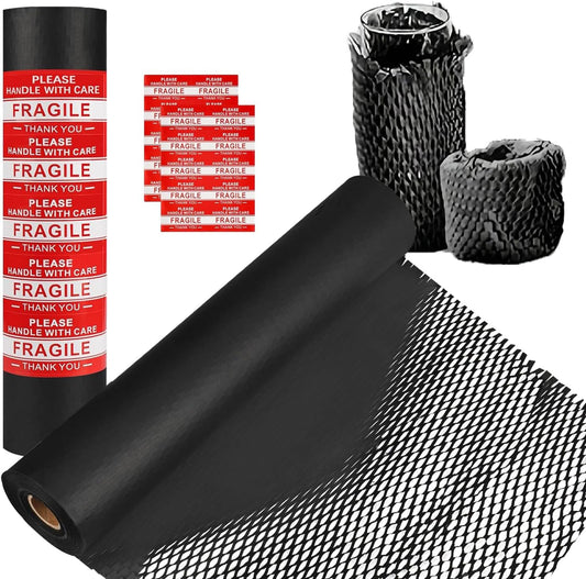 Honeycomb Packing Paper, 12" x 200' Packing Paper Substitute Alternative for Bubble Cushioning Wrap for Moving Shipping Packaging, Recyclable Moving Supplies Bubble Packing Wrap Roll-Black