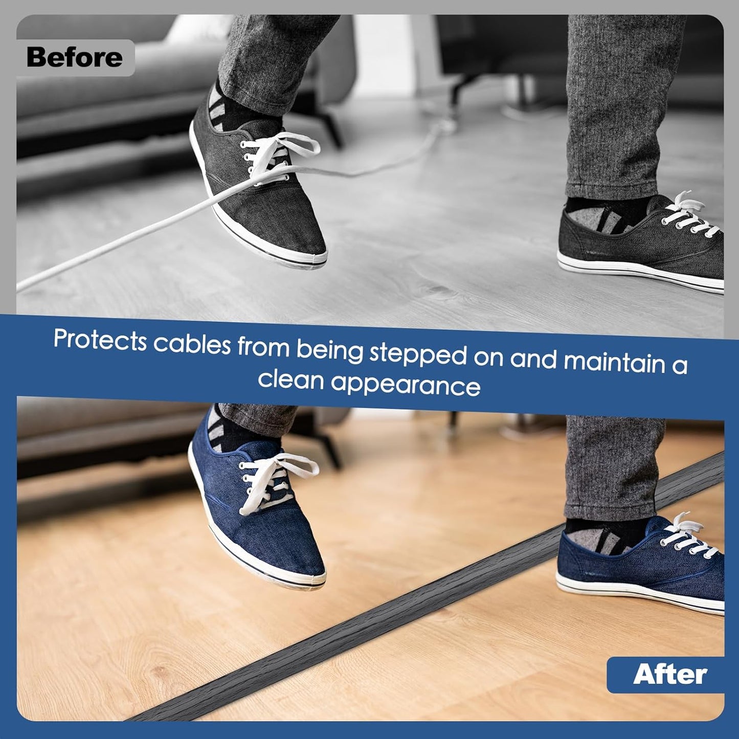 Floor Cord Cover for Wires on Floor Self Adhesive Cord Hider Floor Cable Management Wire Covers for Cords Protector Prevent Cable Trips Cord Cavity W 0.32" x H 0.32", Deep Gray Wood, 3.3Ft