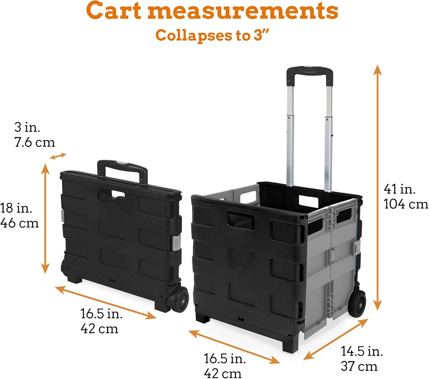 Inspired Living Ultra-Slim Rolling Collapsible Storage Pack-N-Roll Utility-carts, with Telescopic Handle, for Home, Garden, Shopping, Office, School use, Large, Grey & Black