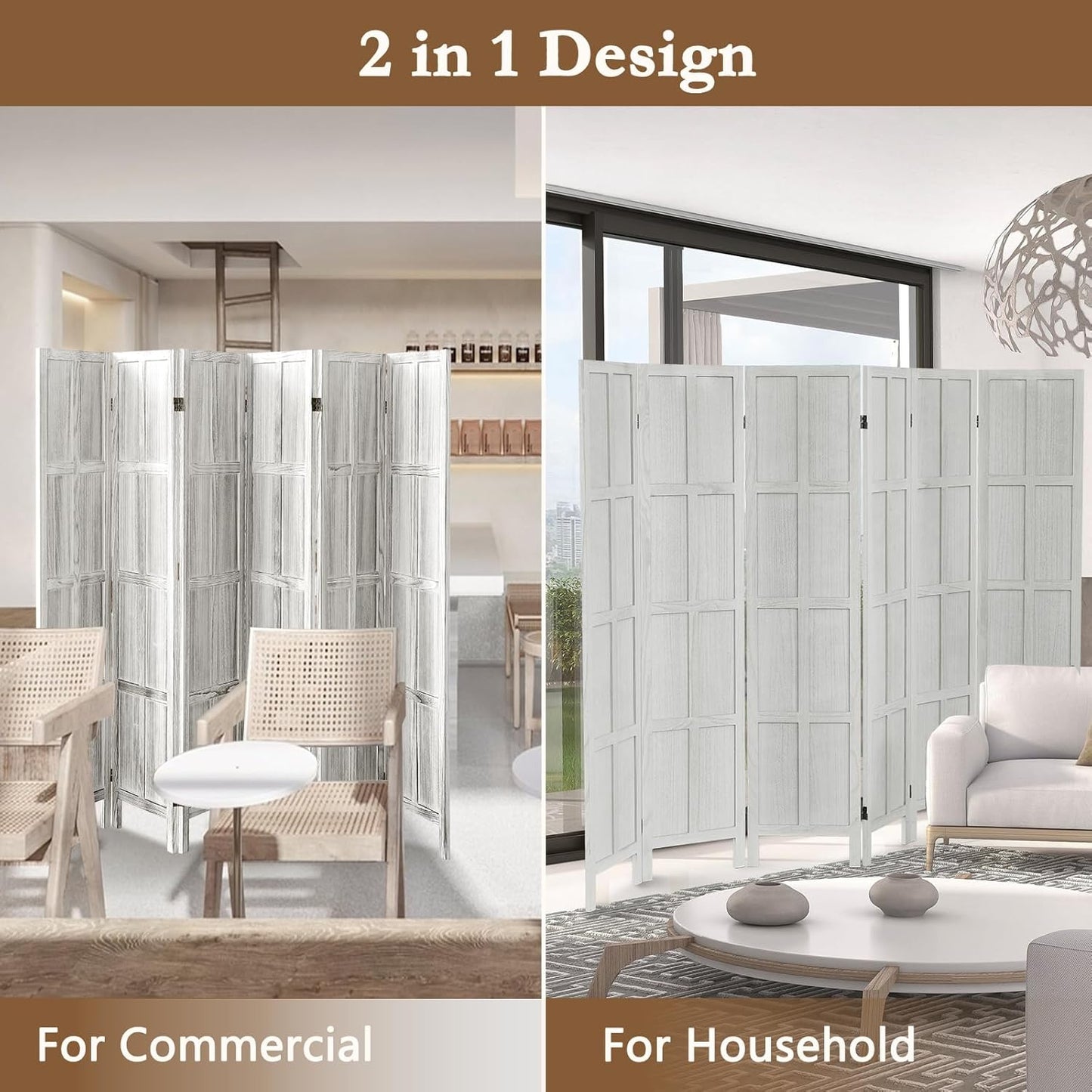 6 Panel Room Divider, 5.6Ft Wood Room Dividers and Folding Privacy Screens, Room Divider Wall Freestanding Room Partitions, Room Dividers Screen for Home Office Restaurant Bedroom, White