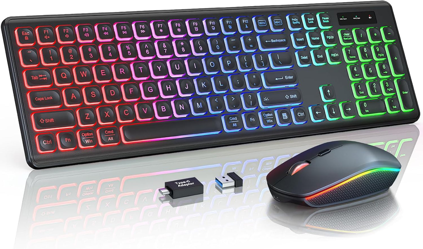 Wireless Keyboard and Mouse Combo - RGB Backlit, Rechargeable & Light Up Letters, Full-Size, Ergonomic Tilt Angle, Sleep Mode, 2.4GHz Quiet Keyboard Mouse for Mac, Windows, Laptop, PC