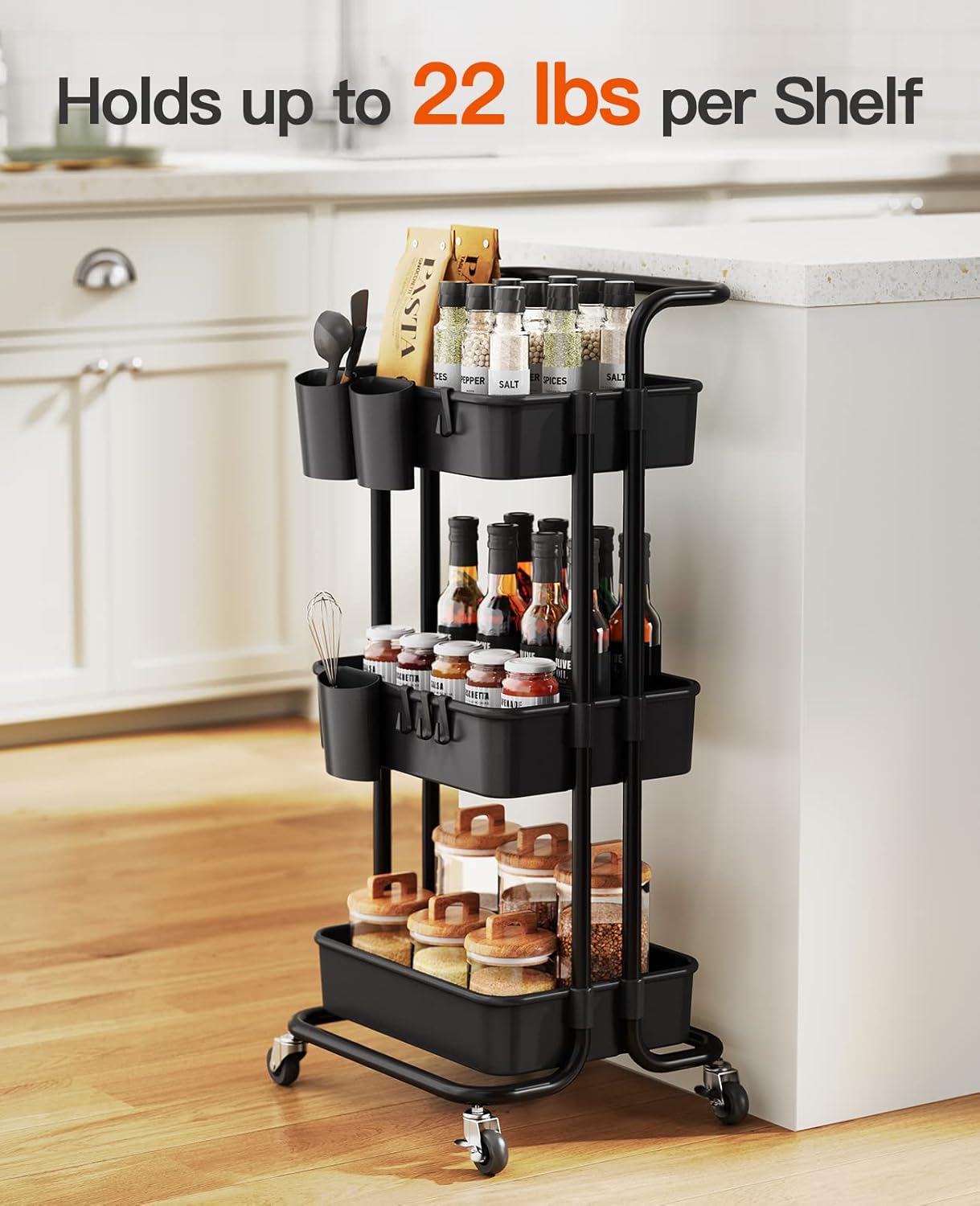 Pipishell 3 Tier Rolling Cart with Wheels - Metal Rolling Cart Organizer with 3 Hanging Cups & 4 Hooks - Art Carts Organizer for Office, Kitchen, Craft Room, Bedroom, Bathroom, Laundry Room (Black)