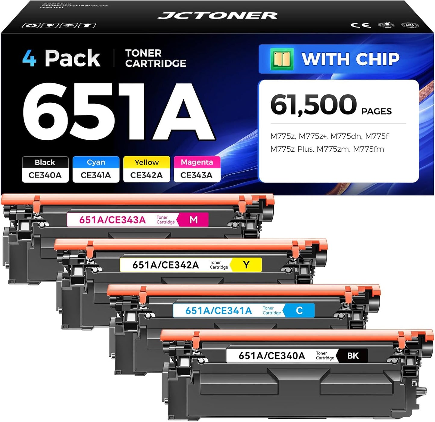 651A Toner Cartridge Set 4-Pack with Chip Replacement for HP 651A CE340A CE341A CE342A CE343A Compatible with HP Laserjet Enterprise 700 Color MFP M775dn M775f M775z M775zm M775z+ M775fm Printer Ink