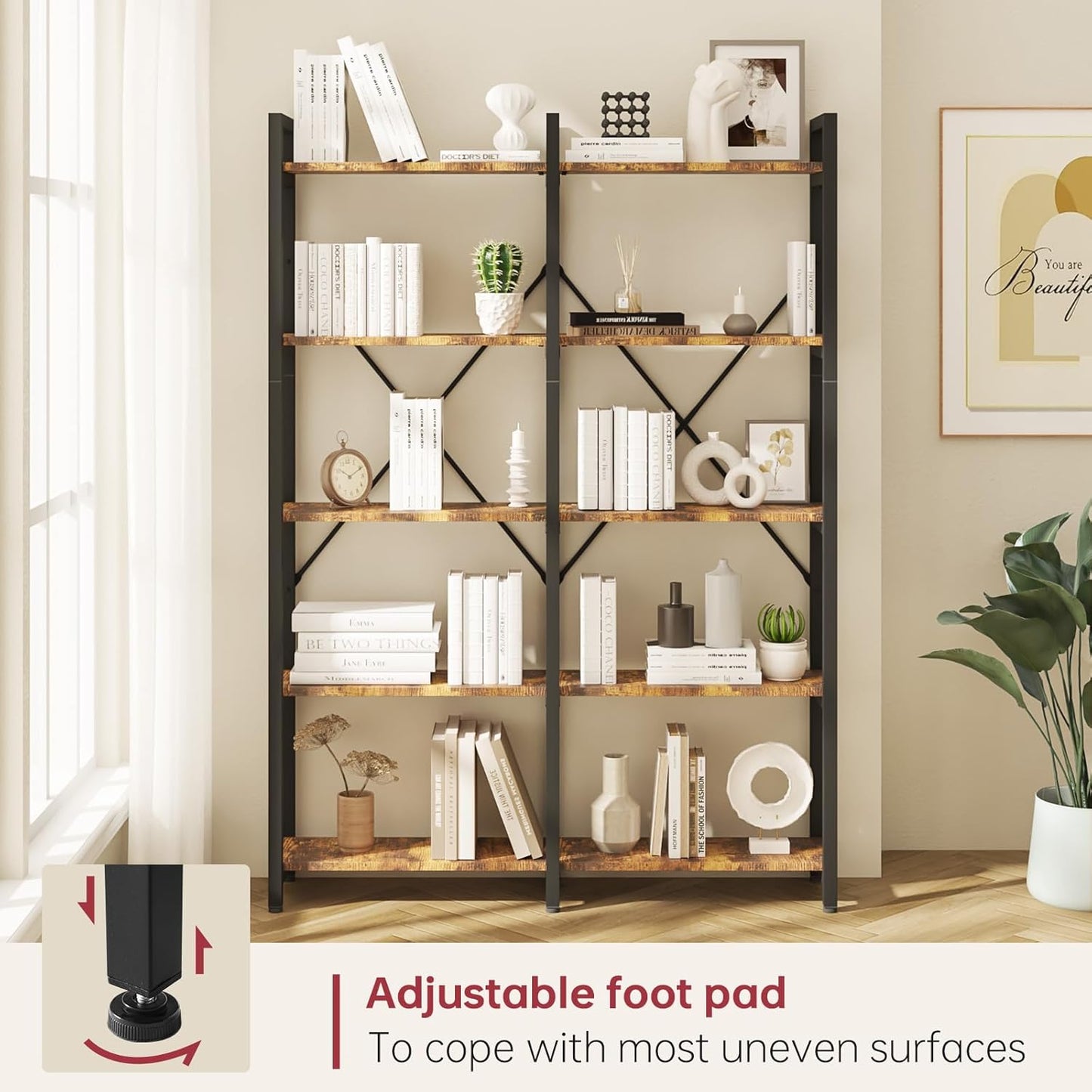 oneinmil 5 Tier Bookshelf Set of 2, 58.7'' Industrial Book Shelf, Wooden Bookshelves with 10 Open Display Shelves, Vintage Storage Rack, Standing Wide Bookcase for Home and Office, Rustic Brown