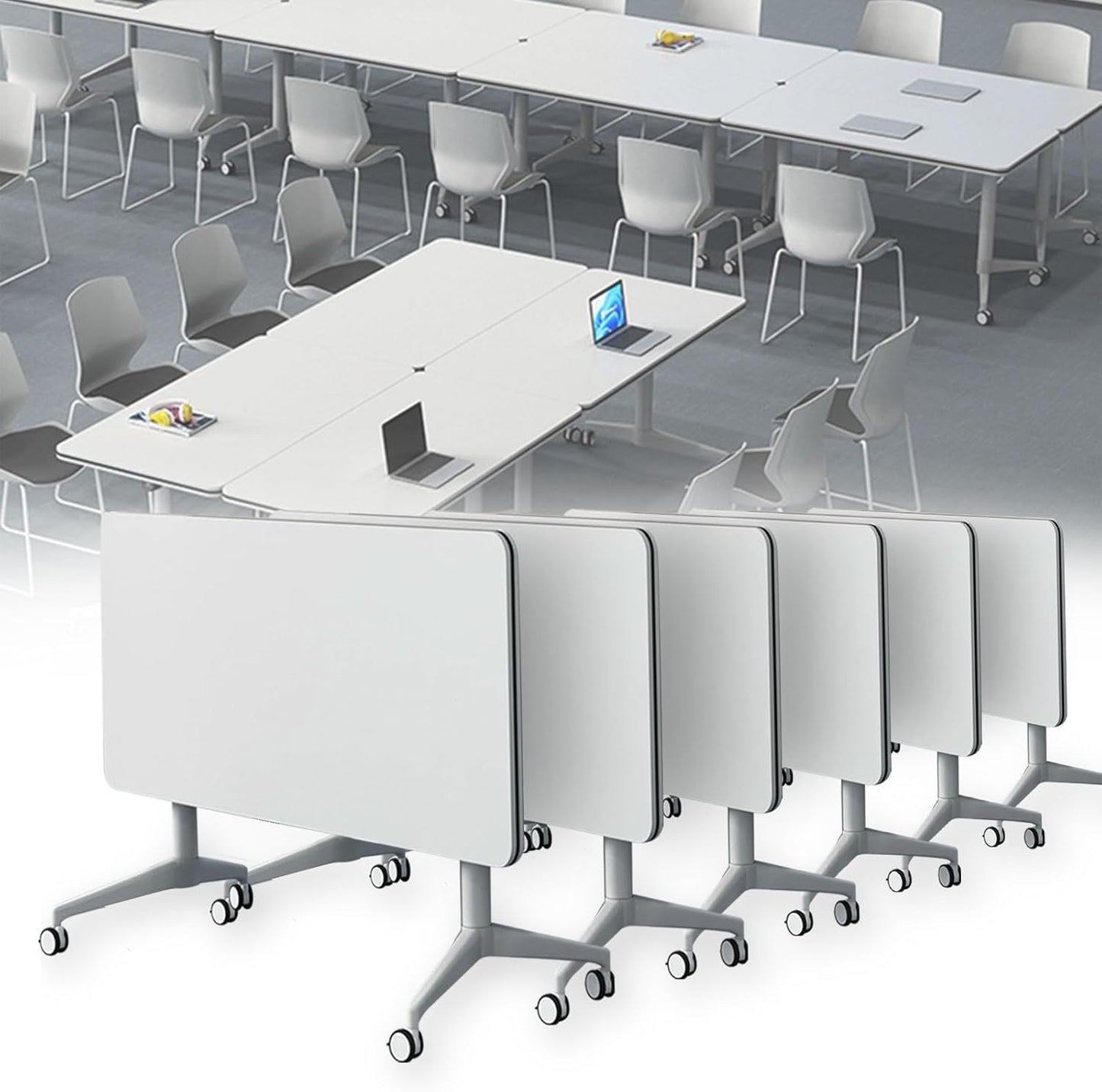 Conference Table Folding Conference Table, Modern Conference Room Table White Meeting Table Flip Top Large Mobile Training Tables, Mobile Training Seminar Tables for Office Classroom (6pack 55.1in)