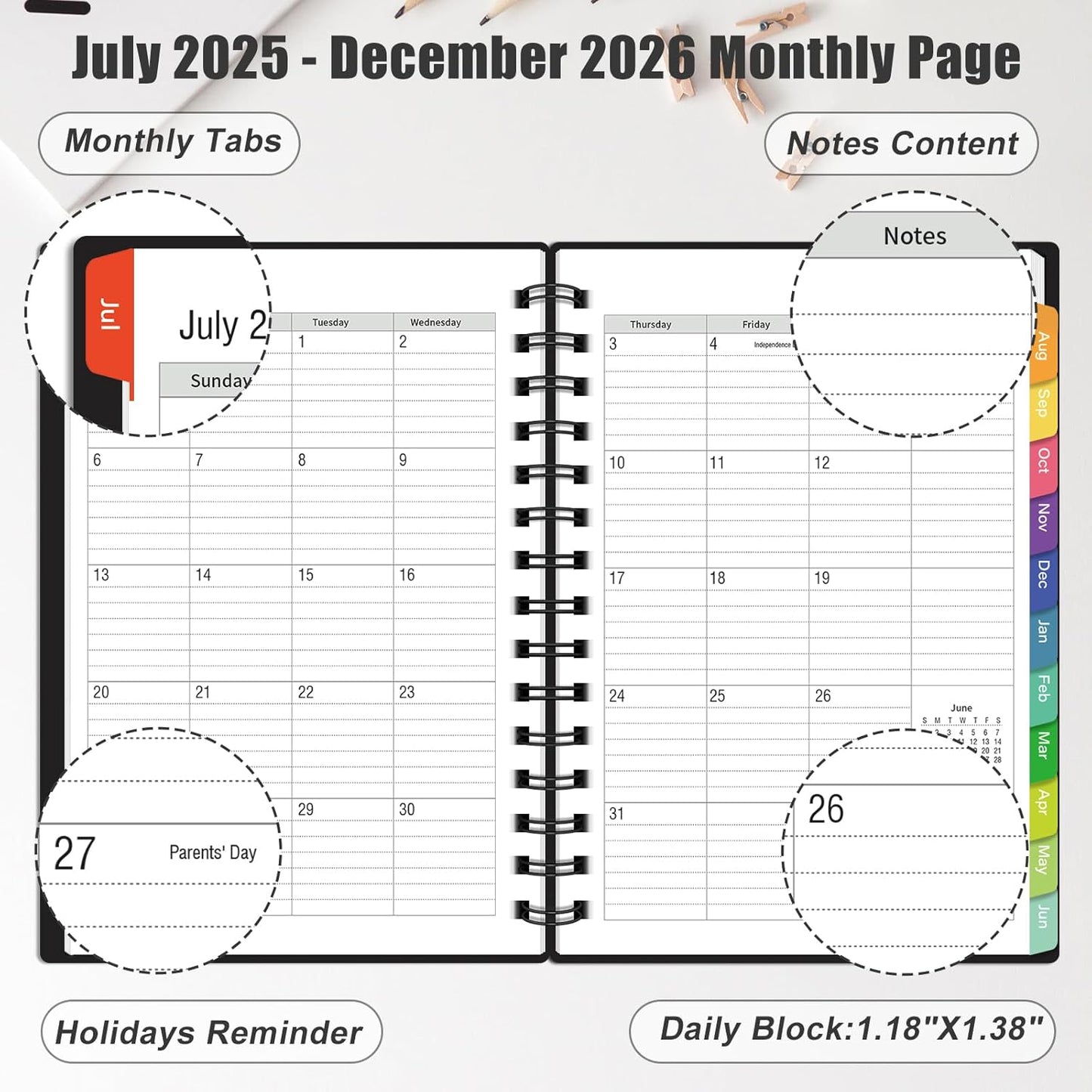 Daily Planner 2025-2026, 18 Month Planner with Tabs, July 2025 - December 2026 Weekly and Monthly Academic Year Calendar Spiral Time Management, 100GSM Thick Paper, Twin-Wire Binding, A5 Size, Black