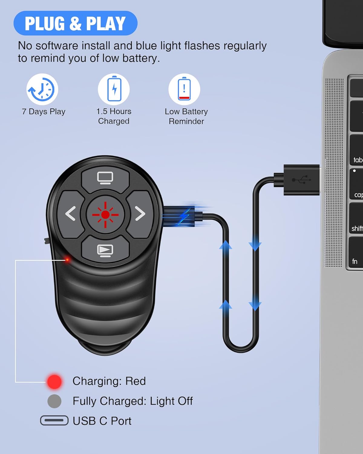 Wireless Finger Ring Presentation Clicker with Laser Pointer & Volume Control - Wearable Slide Advancer Remote for PowerPoint, Mac, Computer, Laptop