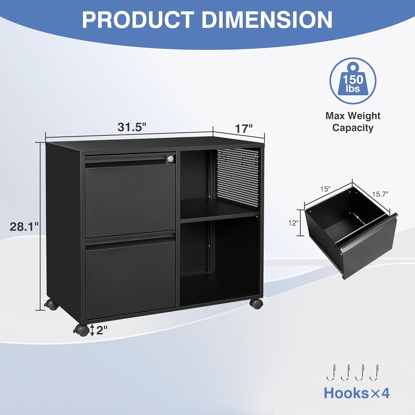Mobile Lateral File Cabinet,2 Drawer Filing Cabinet with Lock fits A4/F4 or Letter Size for Home Office,Metal Rolling Printer Stand with Open Storage Adjustable Shelves(Black)