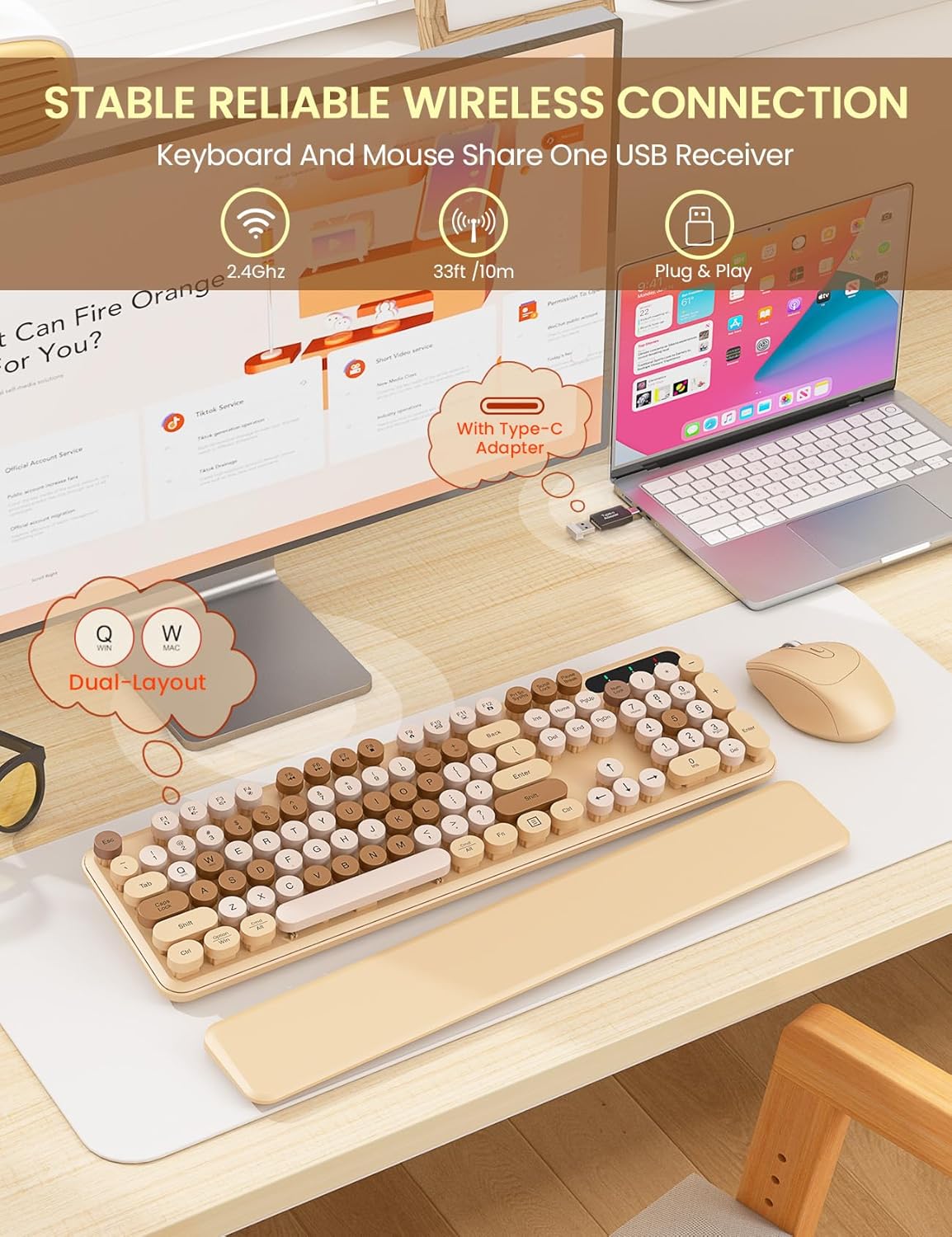 Wireless Keyboard and Mouse Combo - Cute Typewriter Keyboard with Detachable Wrist Rest, Retro Round Keycaps, Foldable Legs, 2.4GHz Full-Size Keyboard for PC, Laptop, Mac, Windows - Trueque (Latte)