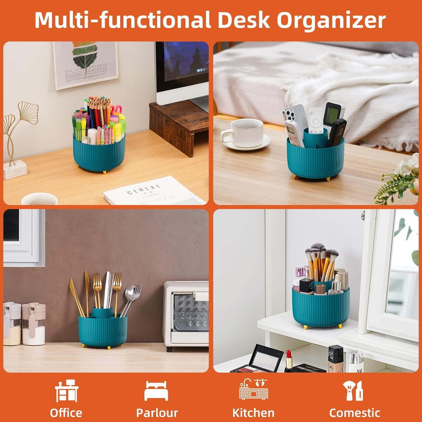 Marbrasse Desk Organizer, 360-Degree Rotating Pen Holder for Desk, Desk Organizers and Accessories with 5 Compartments Pencil Organizer, Art Supply Storage Box Caddy for Office, Home（Green）