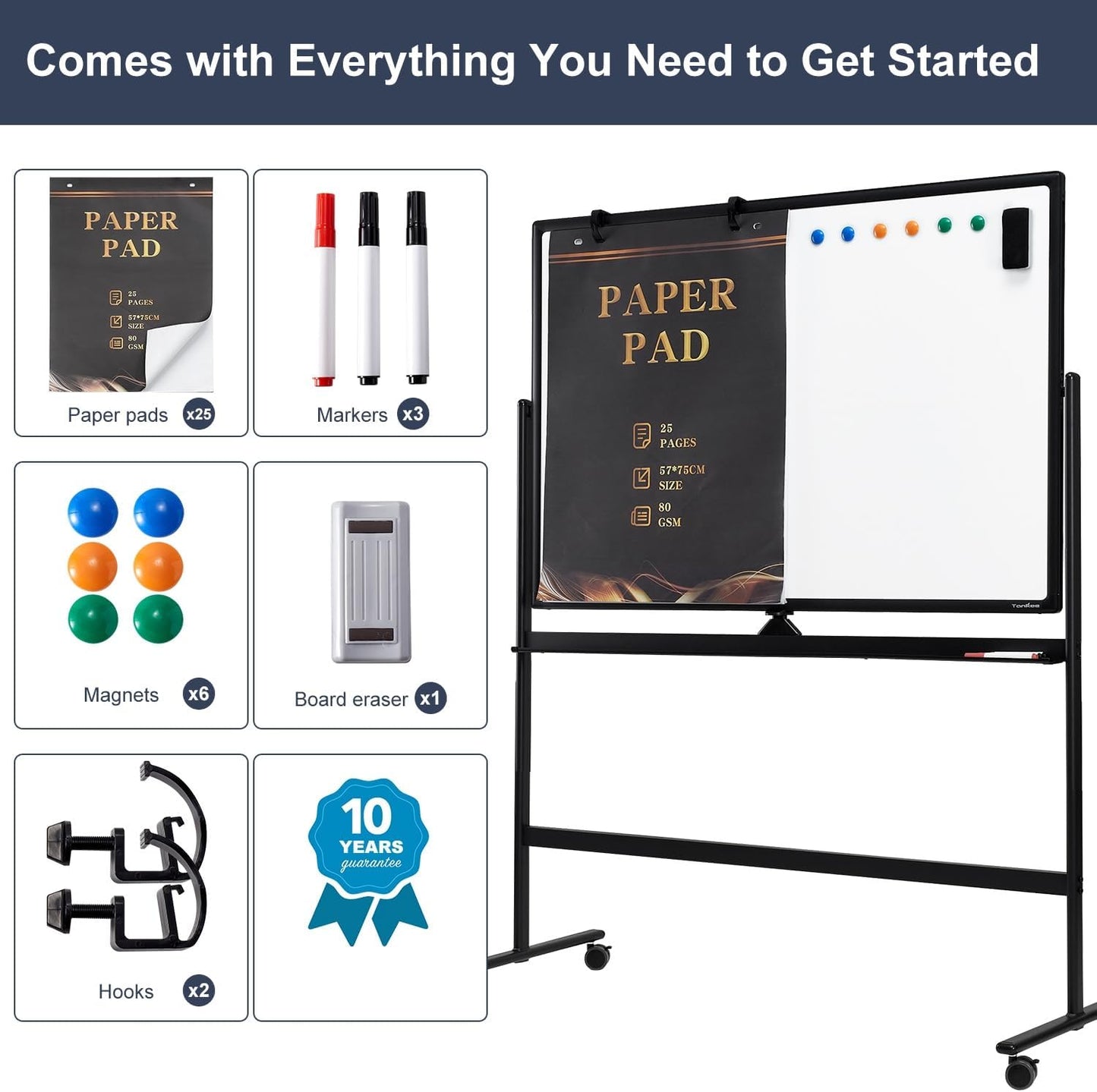 Dry Erase Whiteboard Easel on Wheels - TANKEE 70" x 36" Large Double Sided Mobile Whiteboard, Reversible Magnetic Rolling White Board for Home Office Classroom, Flip Chart Holders and Paper Pad