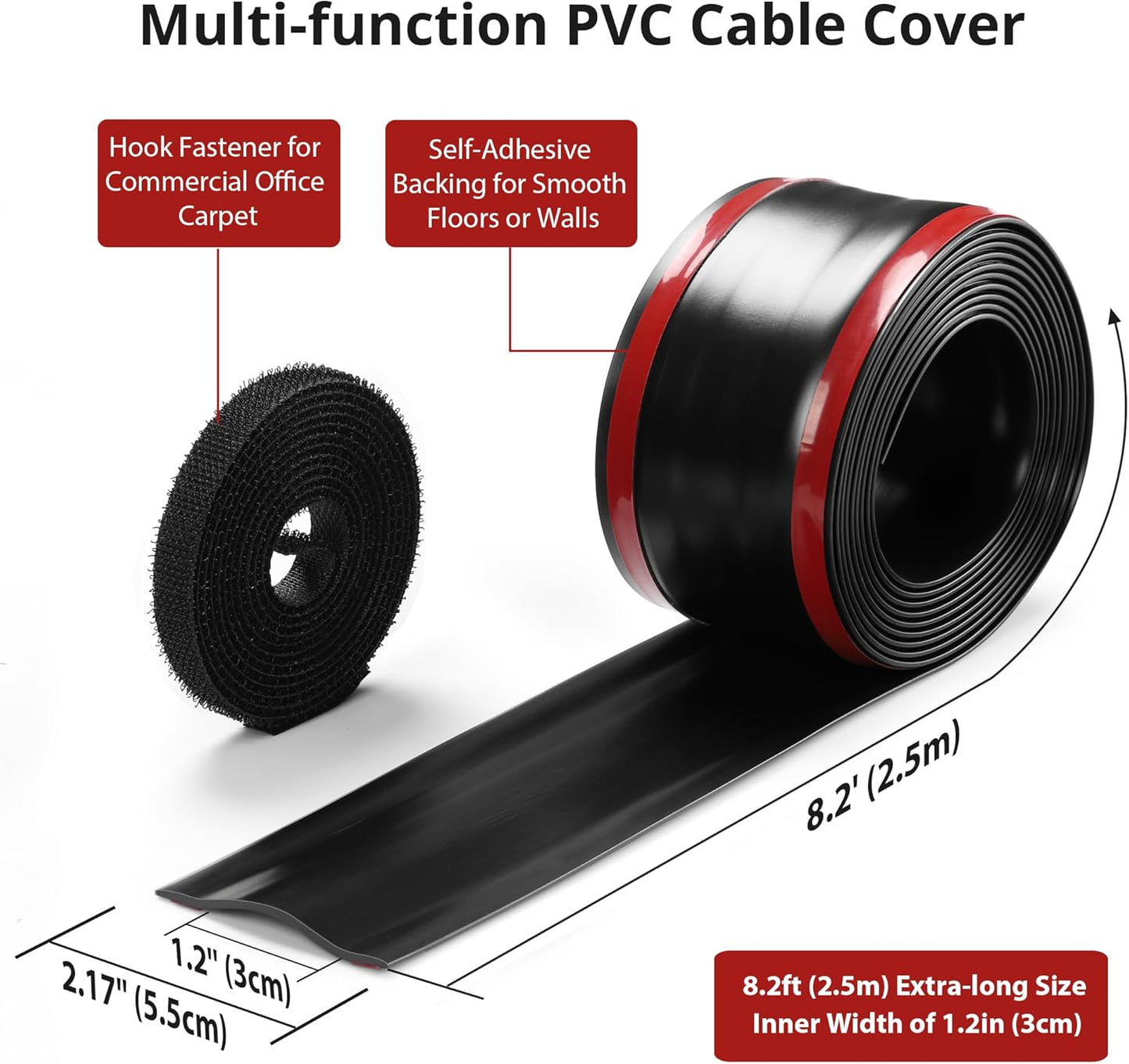 8.2Ft Cord Cover Floor, PVC Cord Covers for Wires on Floor, Soft Floor Cable Cover Cord Hider, Floor Cable Management Cable Protector for Commercial Office Carpet/Floors/Wall Black