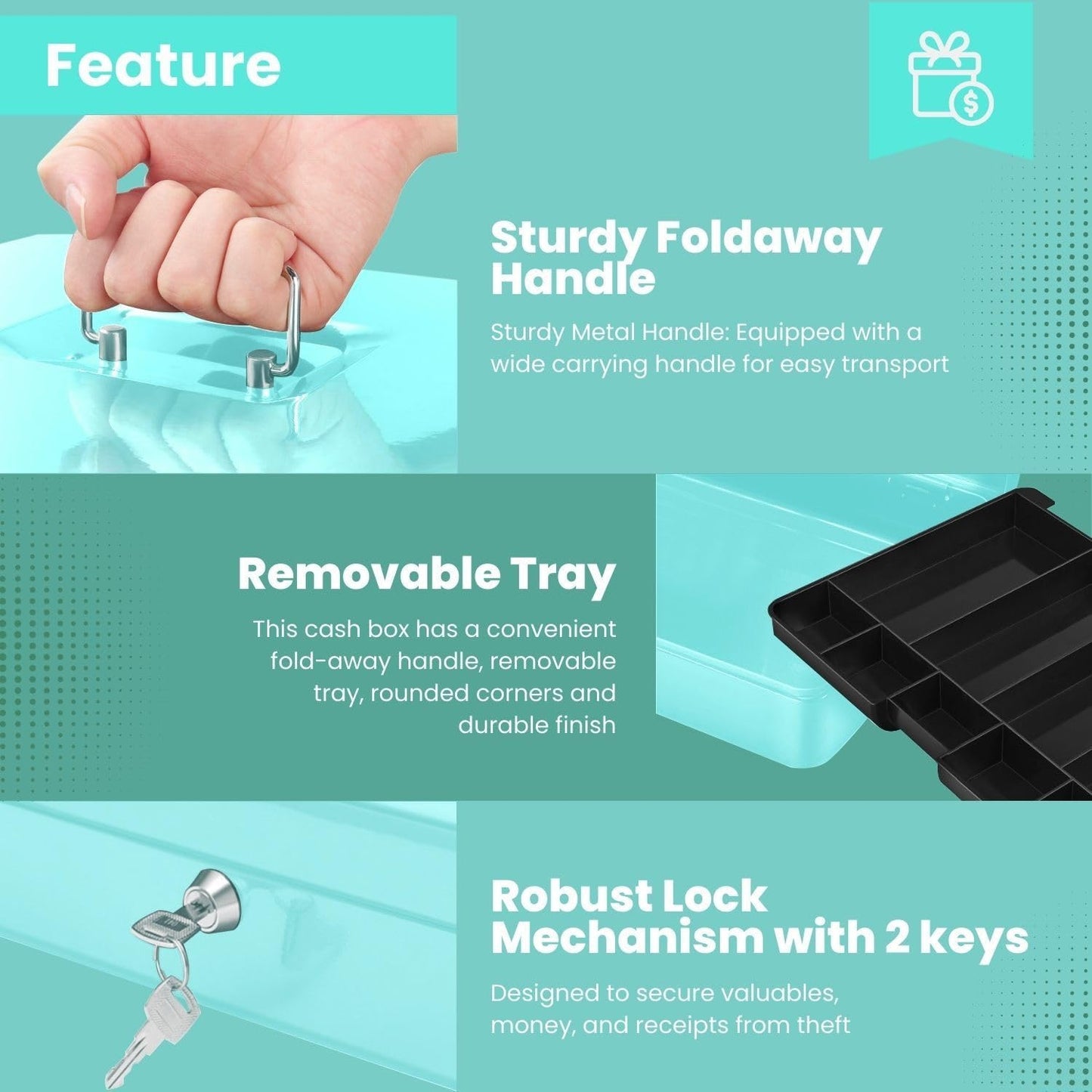 Flexzion Cash Box with Money Tray and Lock - Metal Cash Box for Small Businesses, 9-Compartment Blue Money Box with Removable Tray and Key, Portable Storage for Checks and Coins