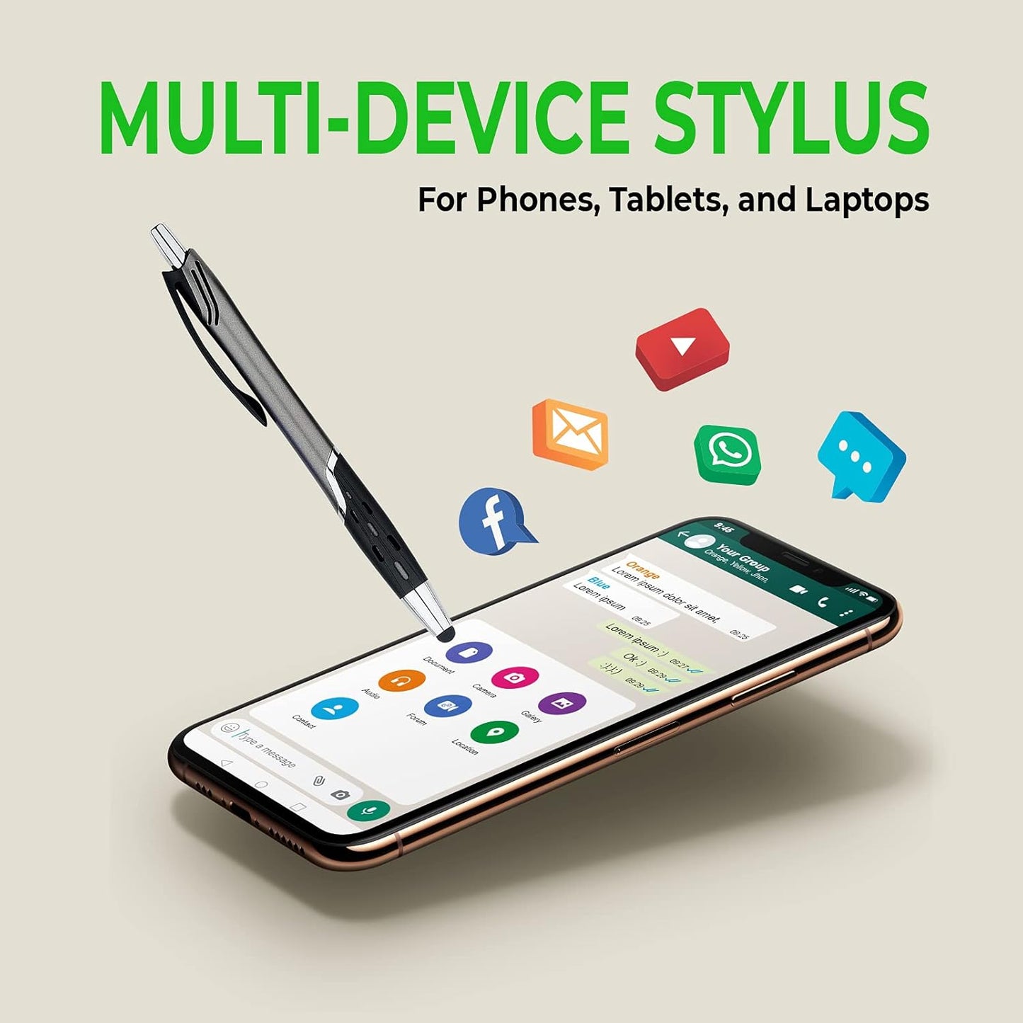 Stylus Pens - 2 in 1 Touch Screen & Writing Pen, Sensitive Stylus Tip - for Your iPad, iPhone, Kindle, Nook, Samsung Galaxy & More - Assorted Colors, 5 Pack