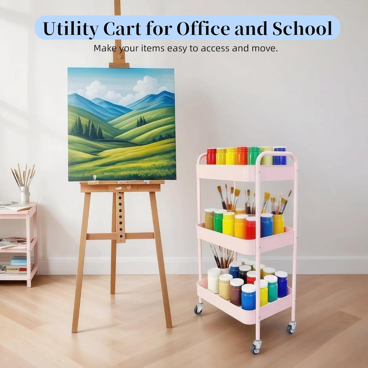 3 Tier Pink Rolling Cart for Nursery & Laundry Room with Handle & 4 Hooks, Metal Kitchen Storage Cart on Wheels and Lockable Casters, Large Capacity Sturdy Trolley for Lash Craft Bathroom