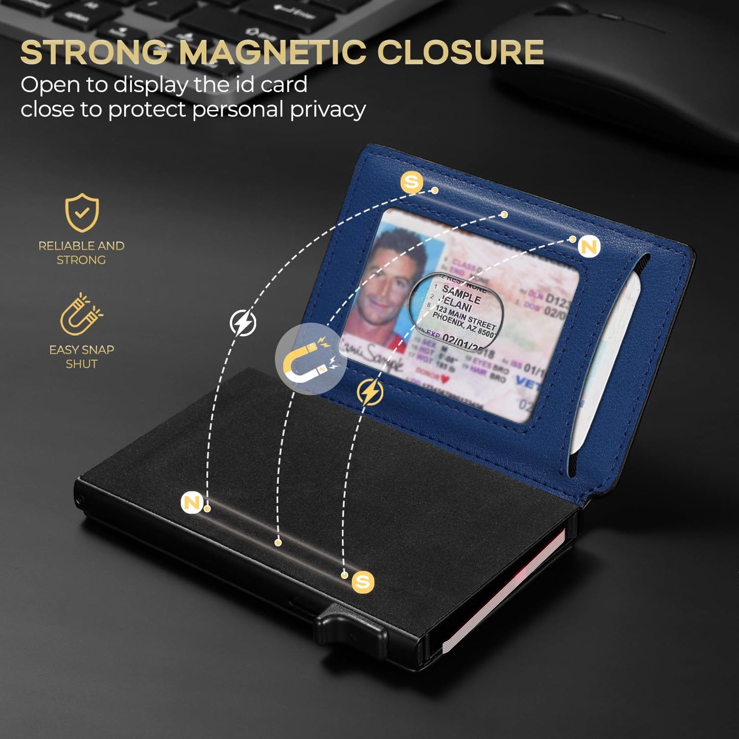 Slim Card Wallet for Men with ID Window – Minimalist RFID Wallet, Pop-Up Function, Ultra Thin Design, Metal Business Card Case Holds 8+ Cards, Gifts for Men, Men's Accessories