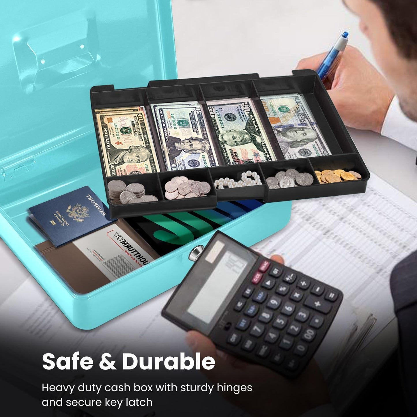 Flexzion Cash Box with Money Tray and Lock - Metal Cash Box for Small Businesses, 9-Compartment Blue Money Box with Removable Tray and Key, Portable Storage for Checks and Coins