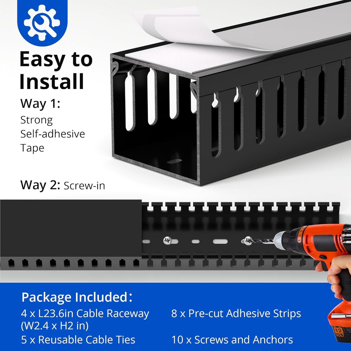 ZhiYo H2in x W2.4in Professional Server Rack Cable Management Raceway, 95in (4X L23.6in) Cable Raceway Kit, Electrically Safe PVC, Open Slot Wire Hider for Under Desk/Computer/Network Cords