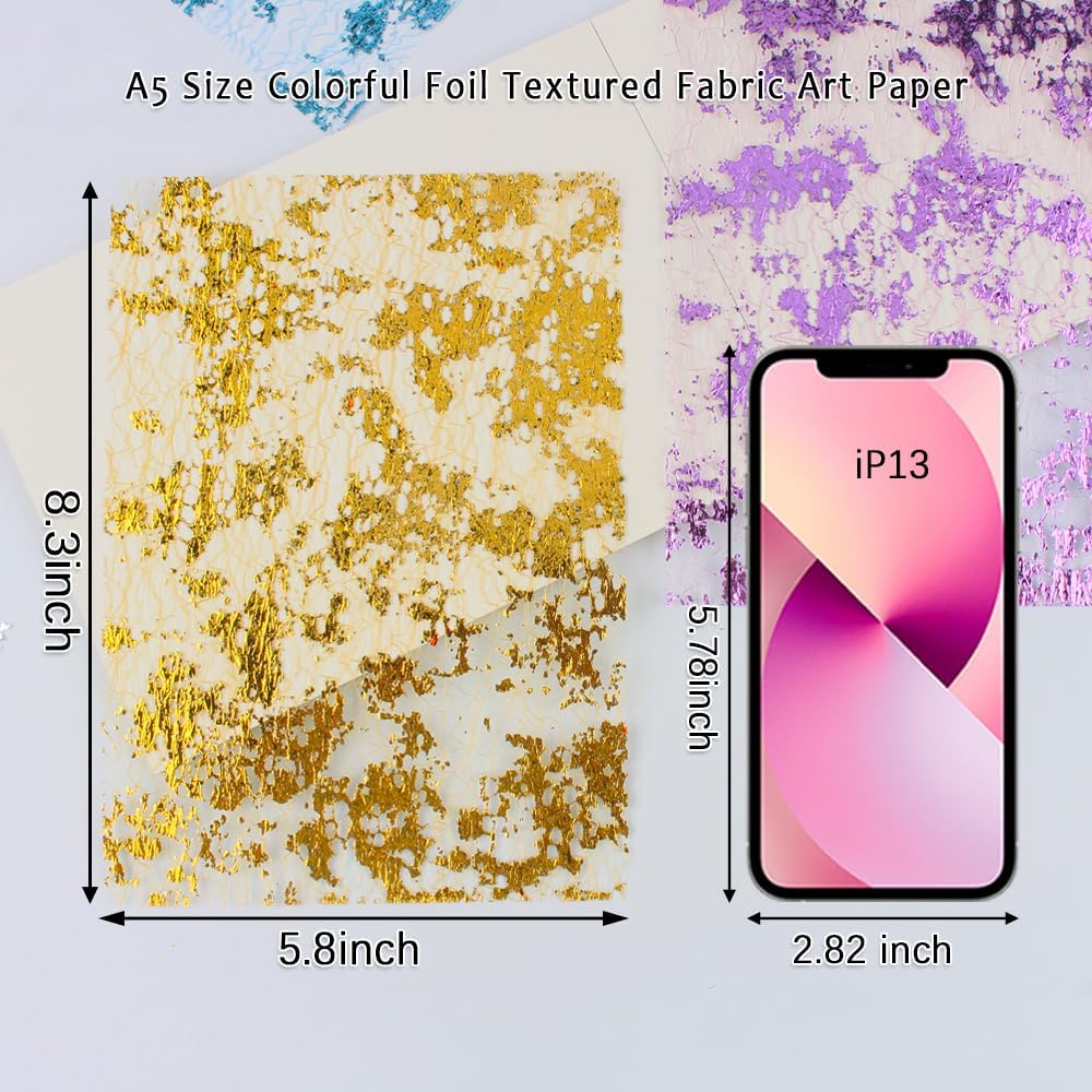 A5 Size Colorful Foil Textured Fabric Art Paper Scrapbooking Decorative, 20 Sheets Sparkle Metallic Lace Mesh for Crafts, Junk Journaling Supplies, Card Making, Collage