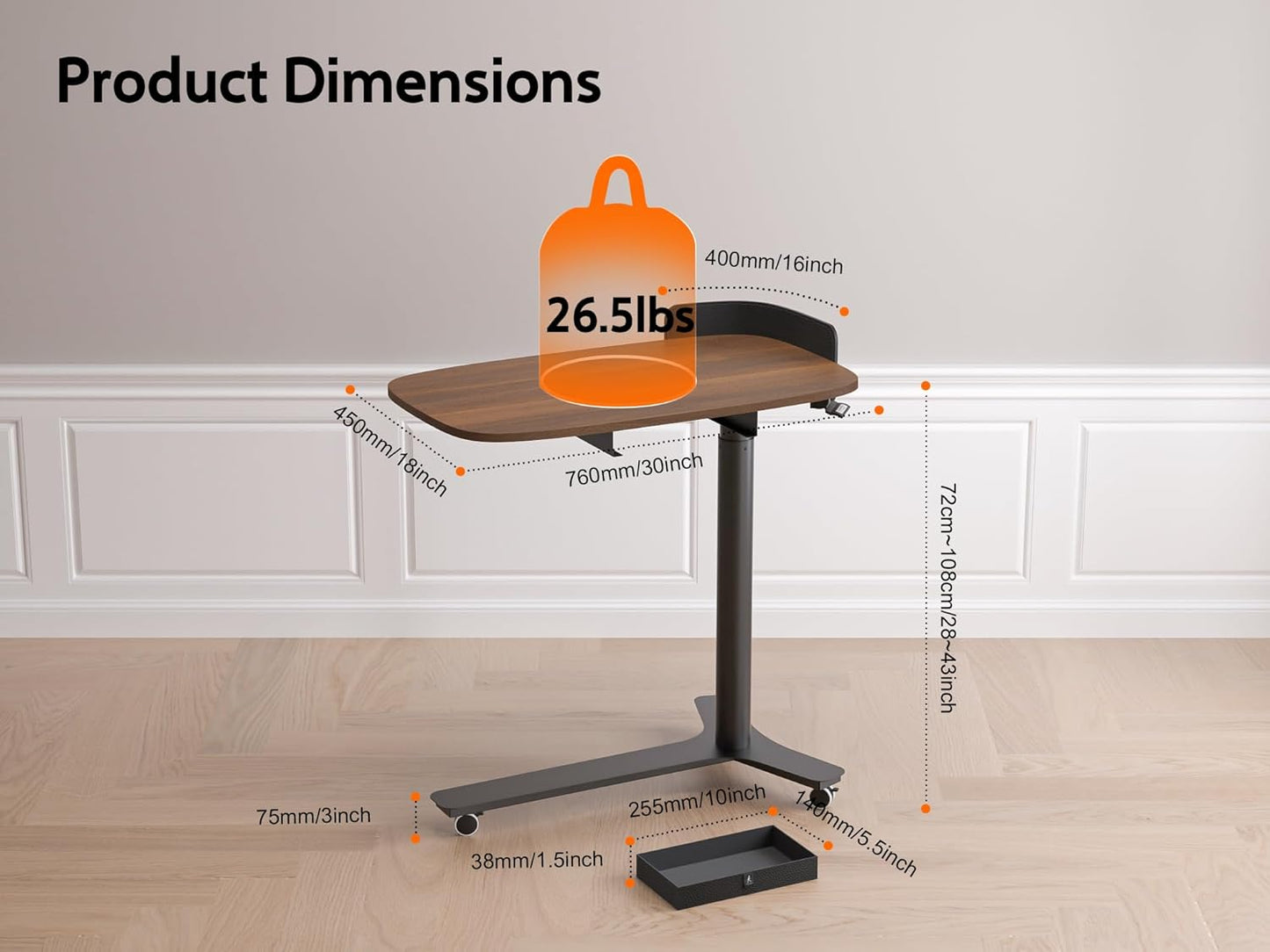 Pneumatic Mobile Standing Desk with Drawer, 28"-43" Height Adjustable, Rolling Desk with Leather Fence & 360° Wheels, for Home/Office (Left/Right Convertible), Dark Walnut