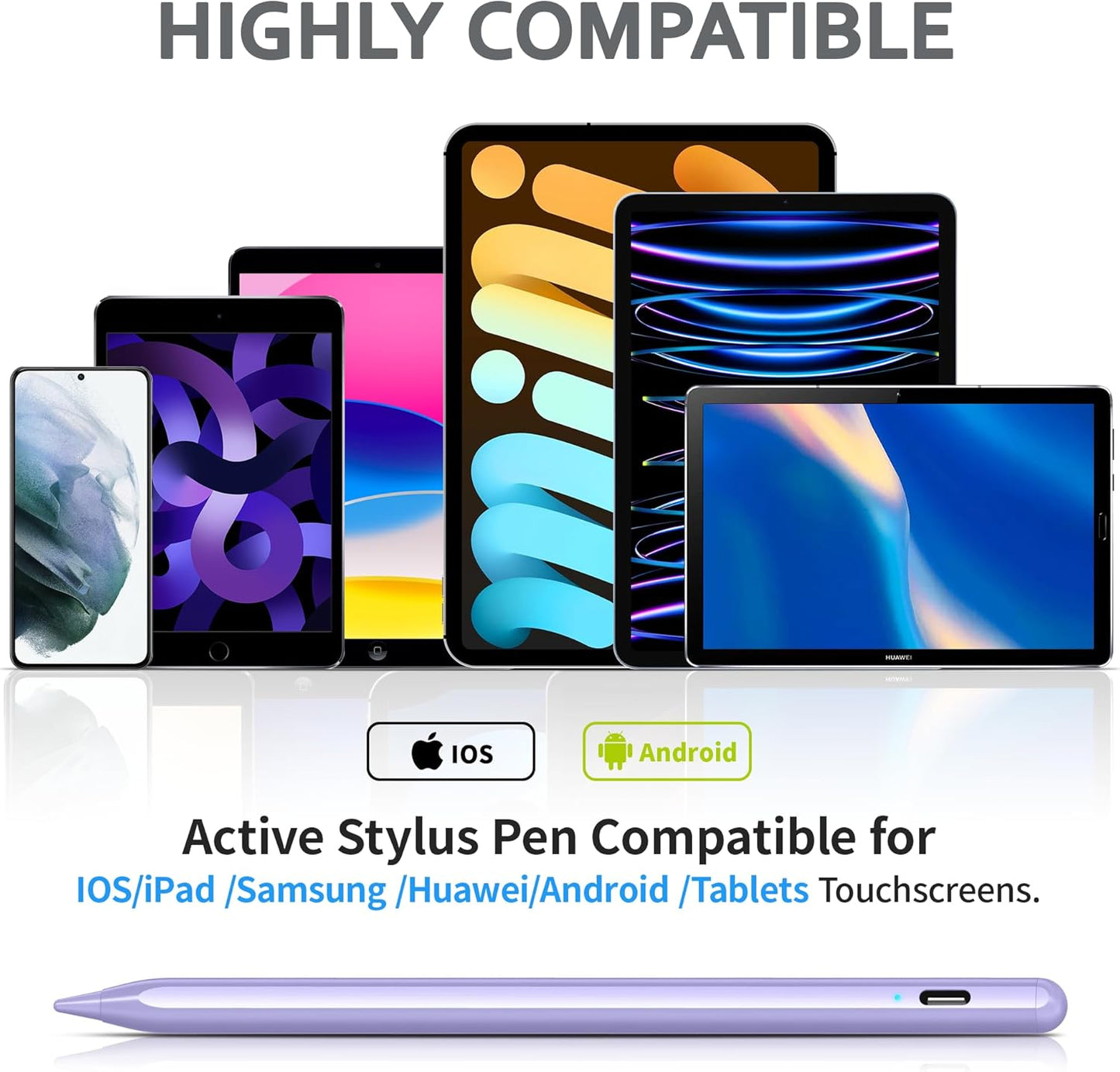 Stylus Pen for Android and i-OS, Stylists Pen for Touch Screens/i-Pad/Phones, Rechargeable Stylus Pencil for A-pple/Android/Tablet, 16.5CM, Purple