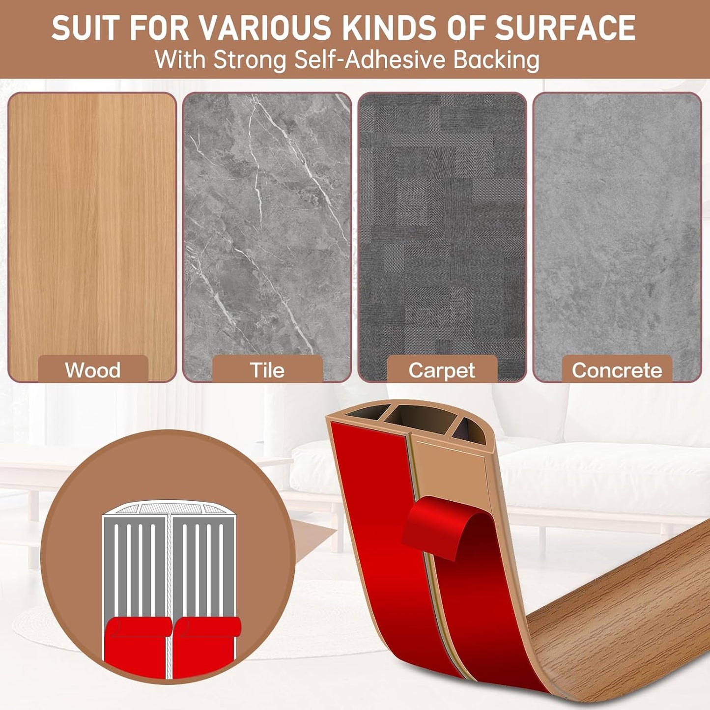 Floor Cord Cover Self Adhesive Cord Hider Floor Extension Cord Covers for Floor Power Cord Protector Cable Management Prevent Cable Trips Cable Cavity 0.51" W x 0.31" H (Light Brown Wood, 10Ft)