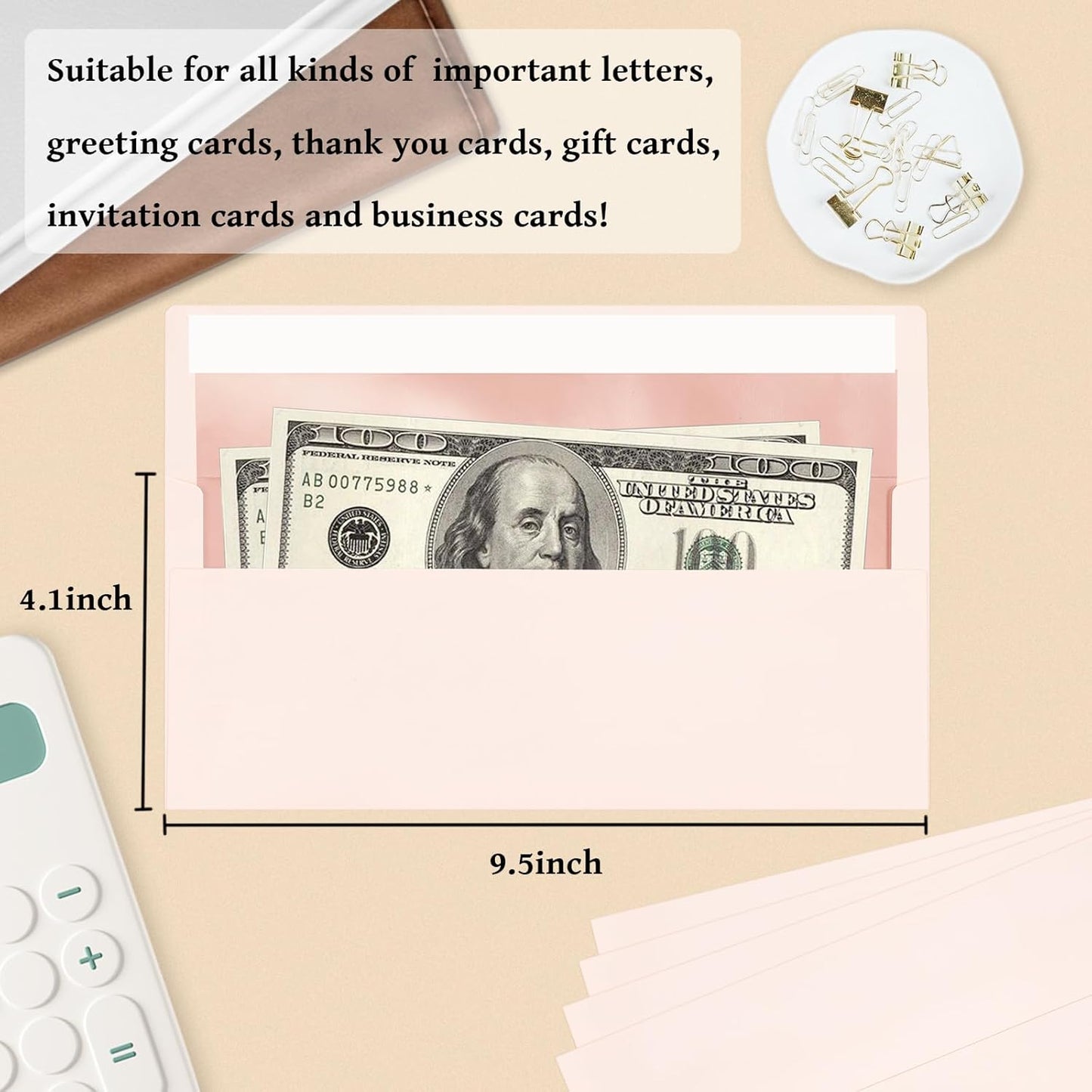 100 Pack #10 Blush Pink Business Envelopes with Metallic Rose Gold Foil Lining, Standard Letter Size Mailing Envelopes Self Seal for Checks Invoices Party Birthday Wedding, 4 1/8 x 9 1/2 Inch