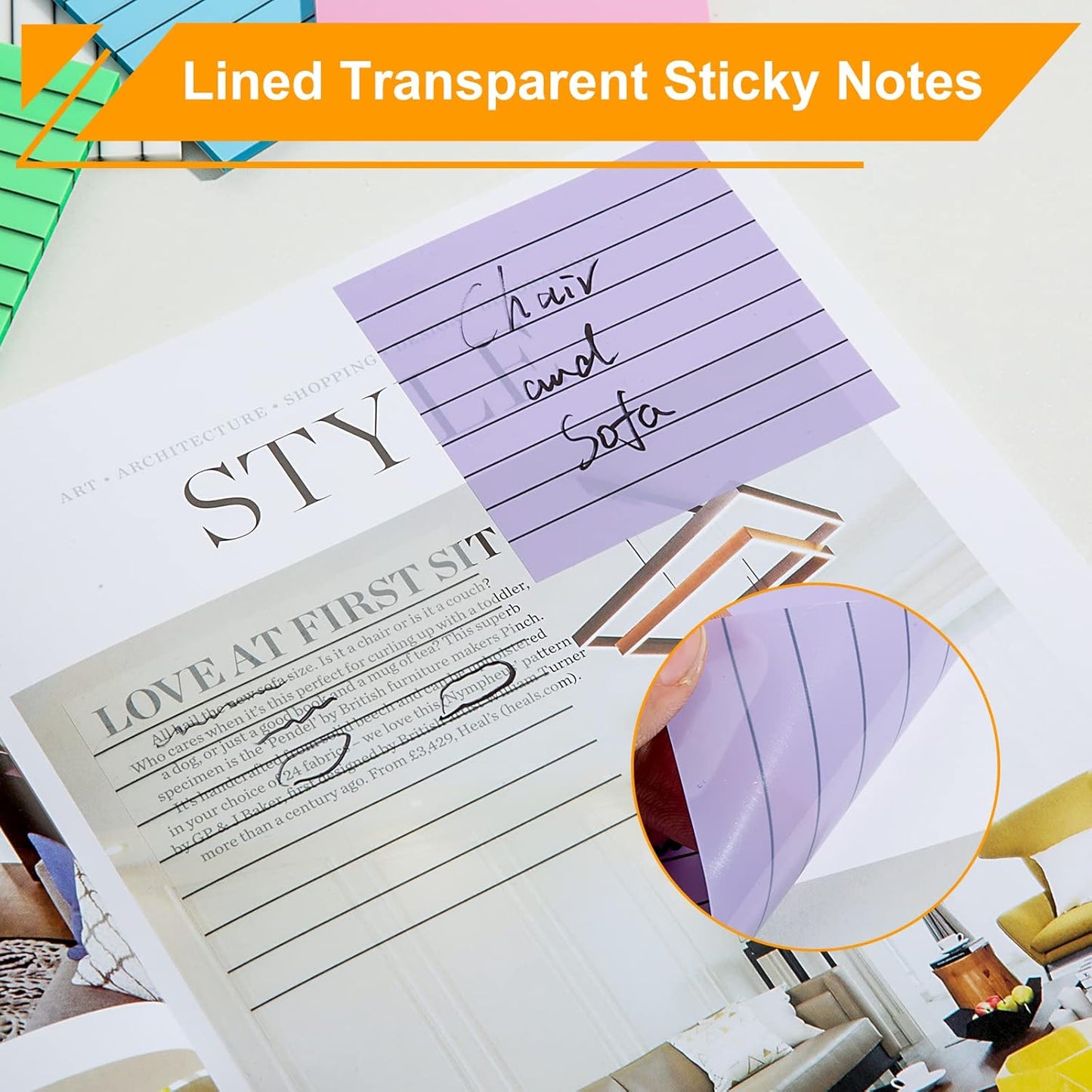 SYMDROMIA 6 Pads Lined Transparent Sticky Notes, 3"x3" 6 Soft Color Clear Translucent See Through Sticky Notes with Lines for Office School Planner Supplies Aesthetic Bible Annotation Markers Tabs