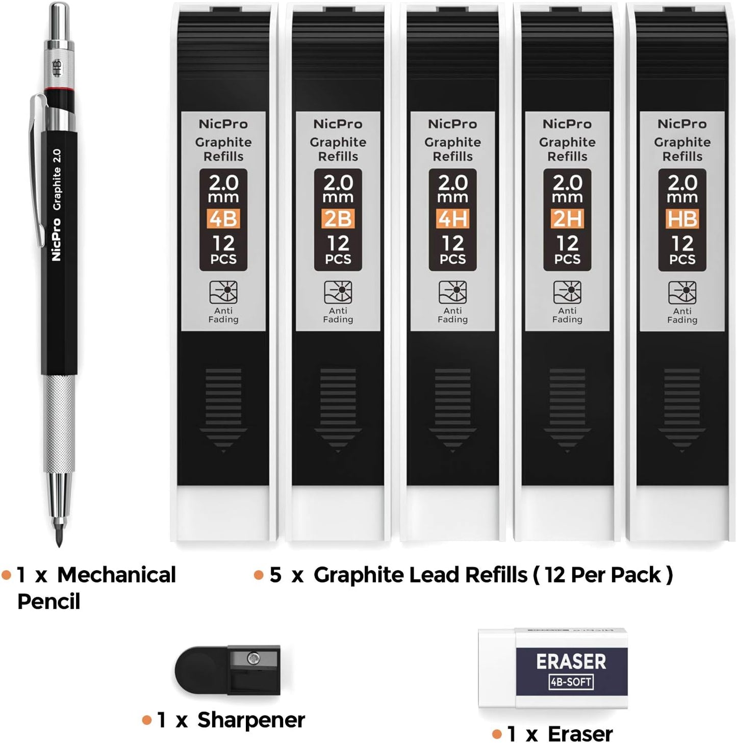 Nicpro 2.0 mm Mechanical Pencil Set, Artist Metal Lead Holder Metal Marker Carpenter pencils with 60 Graphite Lead Refill HB, 2H, 4H, 2B, 4B, Eraser, Sharpener for Draft Drawing, Writing Art Sketching
