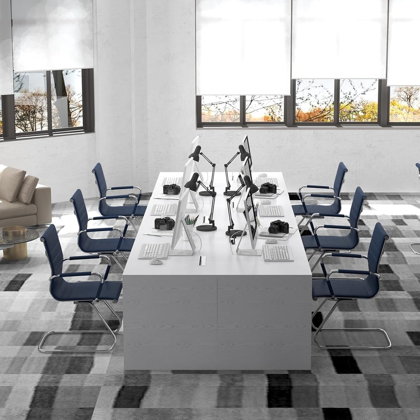 Office Desk Chair No Wheels Set of 4 PU Leather Computer Chairs Mid Back Guest Chairs for School Reception Conference Waiting Room, Navy Blue