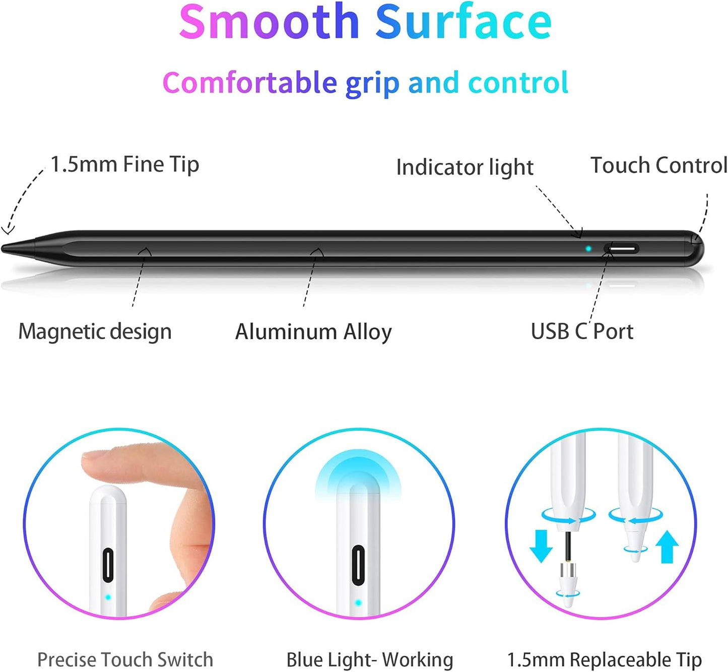 Stylus Pen, Tablet Pen Compatible for Android and iOS Touchscreens, Rechargeable Stylists Pen with Dual Touch Screen, Stylus Pencil for A-pple/Android/Tablet, Black